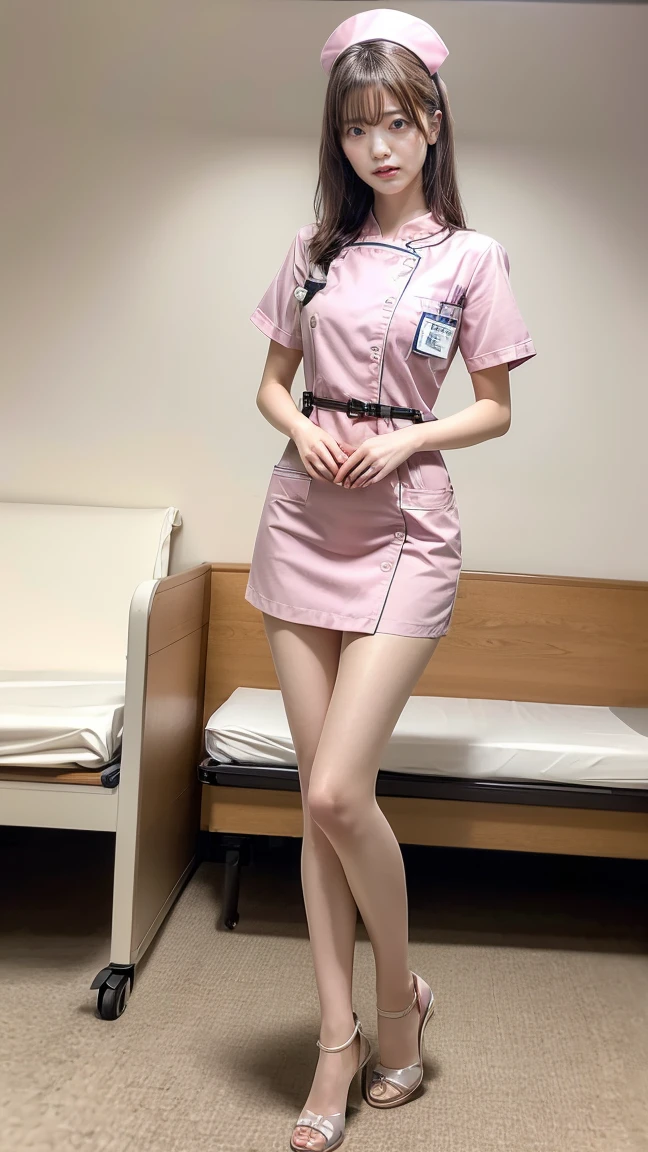 a beautiful young 24-year-old Japanese woman, beautiful, detailed anatomy, beautiful skin, random hair color and hairstyle, big breasts, nurse hat, (nurse uniform:1.3), nurse cap, (she is standing:1.2), full body shot, high heels, hospital, (best quality,8k, masterpiece:1.3), (extremely detailed:1.2)