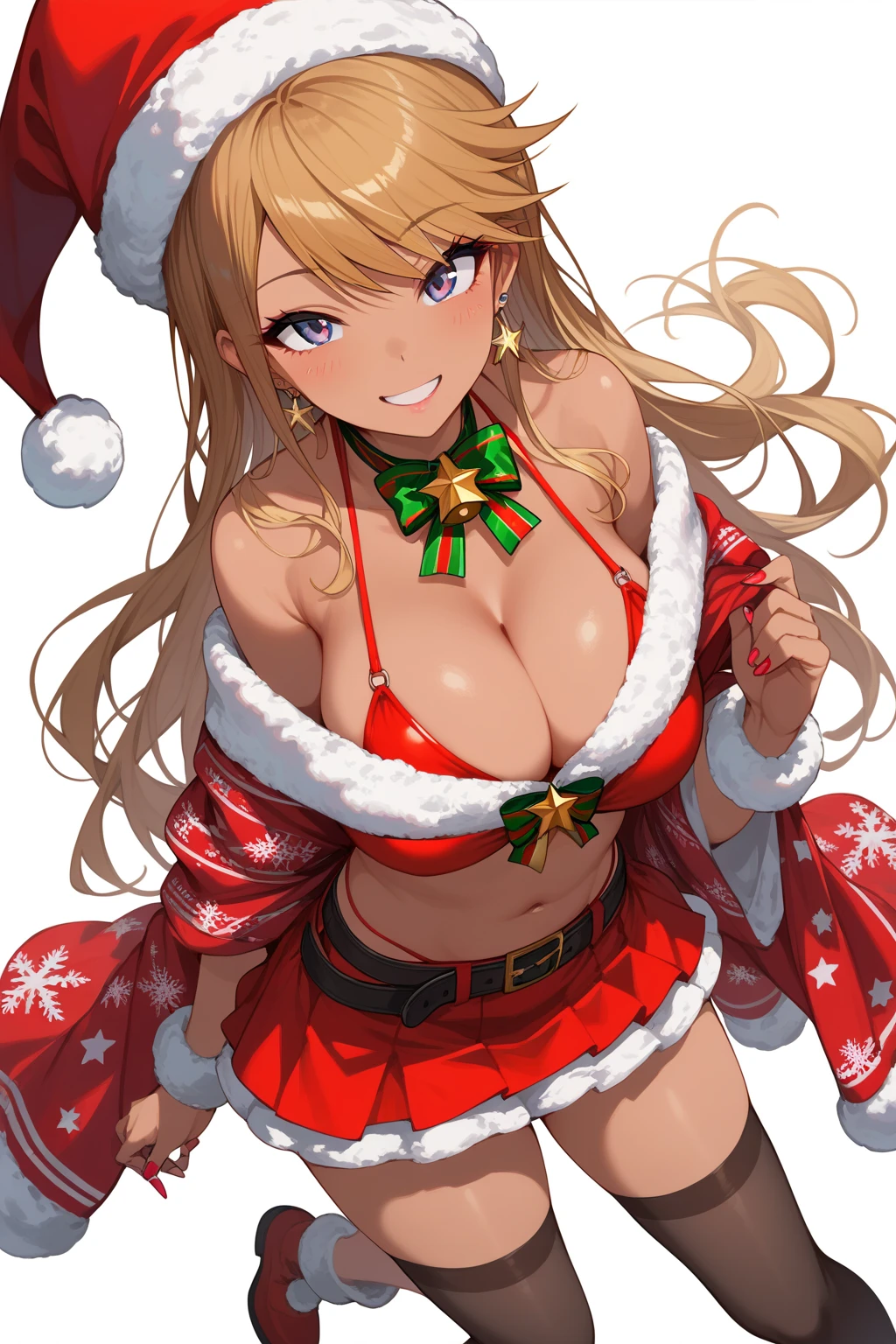 1girl, solo,
mgmtkr, medium breasts, long hair,
gyaru, white background, simple background, 
long hair, brown hair, 
(((sexy Red bikini, mini skirt, shawl, off shoulder, Santa costume:1.2))), black-thighhighs,
(masterpiece、Highest quality、Very detailed)), One girl, gyaru, Large Breasts, looking viewer, wry smile, from above,