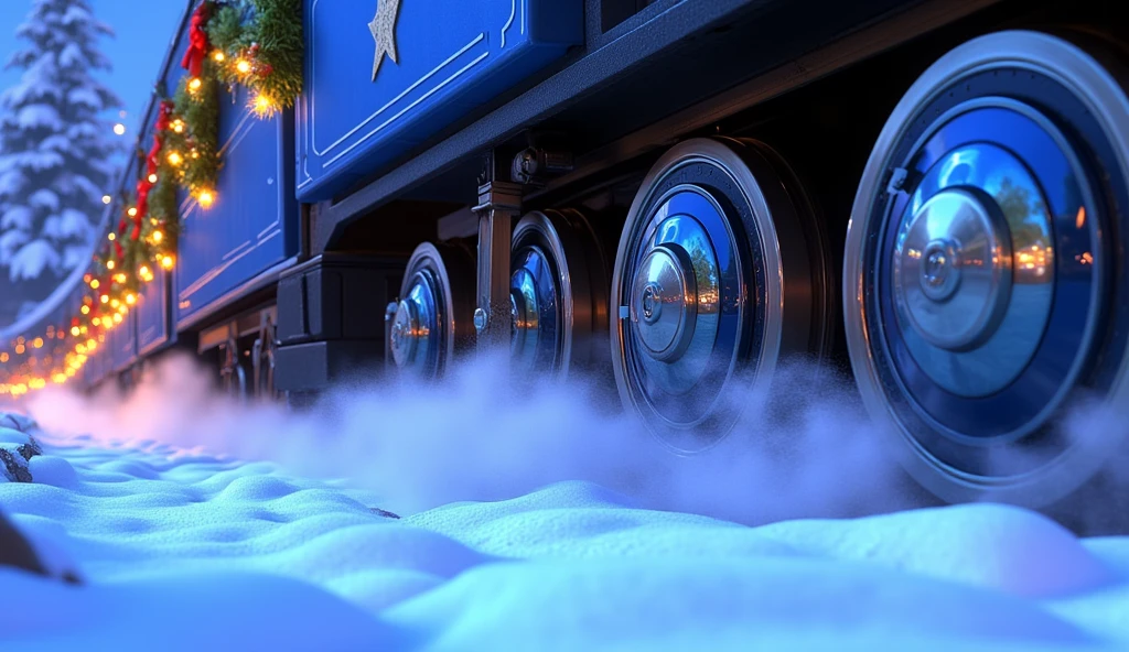 An extreme close-up Pixar-style cartoon shot of the wheels of a fully blue Christmas train cutting through snow-covered tracks. The polished steel wheels glint under the winter light, while clouds of snow spray up as they roll forward.  

The edge of a blue wagon is visible in the frame, with its glowing garlands and red ribbons reflecting faintly on the steel below. Snowflakes drift gently in the foreground, adding to the serene yet dynamic holiday scene.  