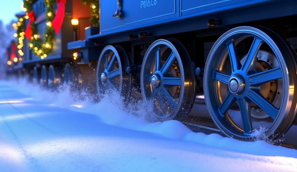 An extreme close-up Pixar-style cartoon shot of the wheels of a fully blue Christmas train cutting through snow-covered tracks. The polished steel wheels glint under the winter light, while clouds of snow spray up as they roll forward.  

The edge of a blue wagon is visible in the frame, with its glowing garlands and red ribbons reflecting faintly on the steel below. Snowflakes drift gently in the foreground, adding to the serene yet dynamic holiday scene.  