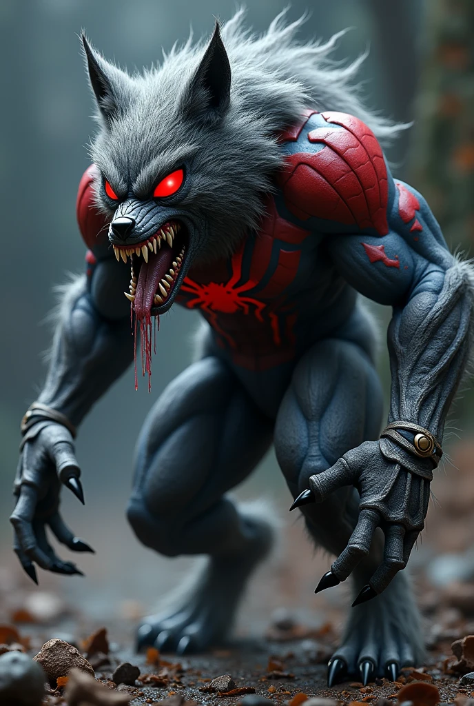 Werewolf (spiderman suit), (((body and palm posture like a wolf man, the whole body and torso are covered in a spider man costume, ))) (the color of the spider man costume is dark gray and black with red and dark blue accents, a fine feather pattern motif that appears on the oengan and legs with clear wolf claws), eye and ear motifs connected into one, sturdy body like a werewolf, styled like a wolf, high jumping