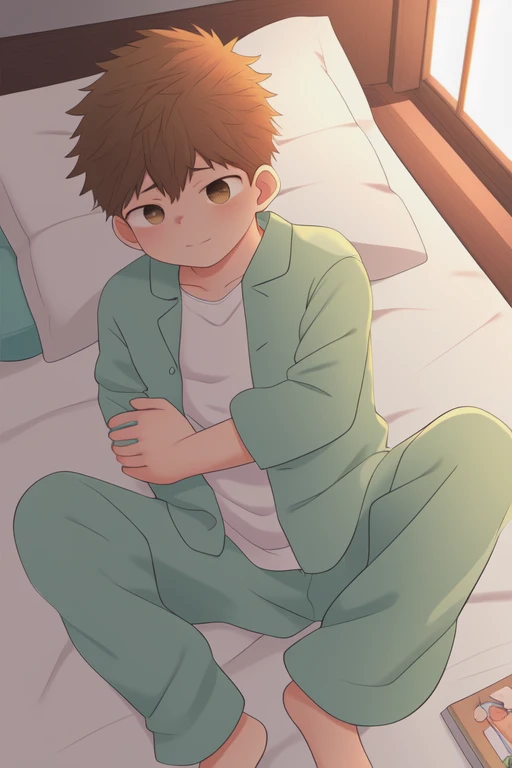 Masterpiece, best quality, 1boy, Midorikawa, pajamas, sleepy, lying, bedroom, pillow_hug, brown teddy bear,