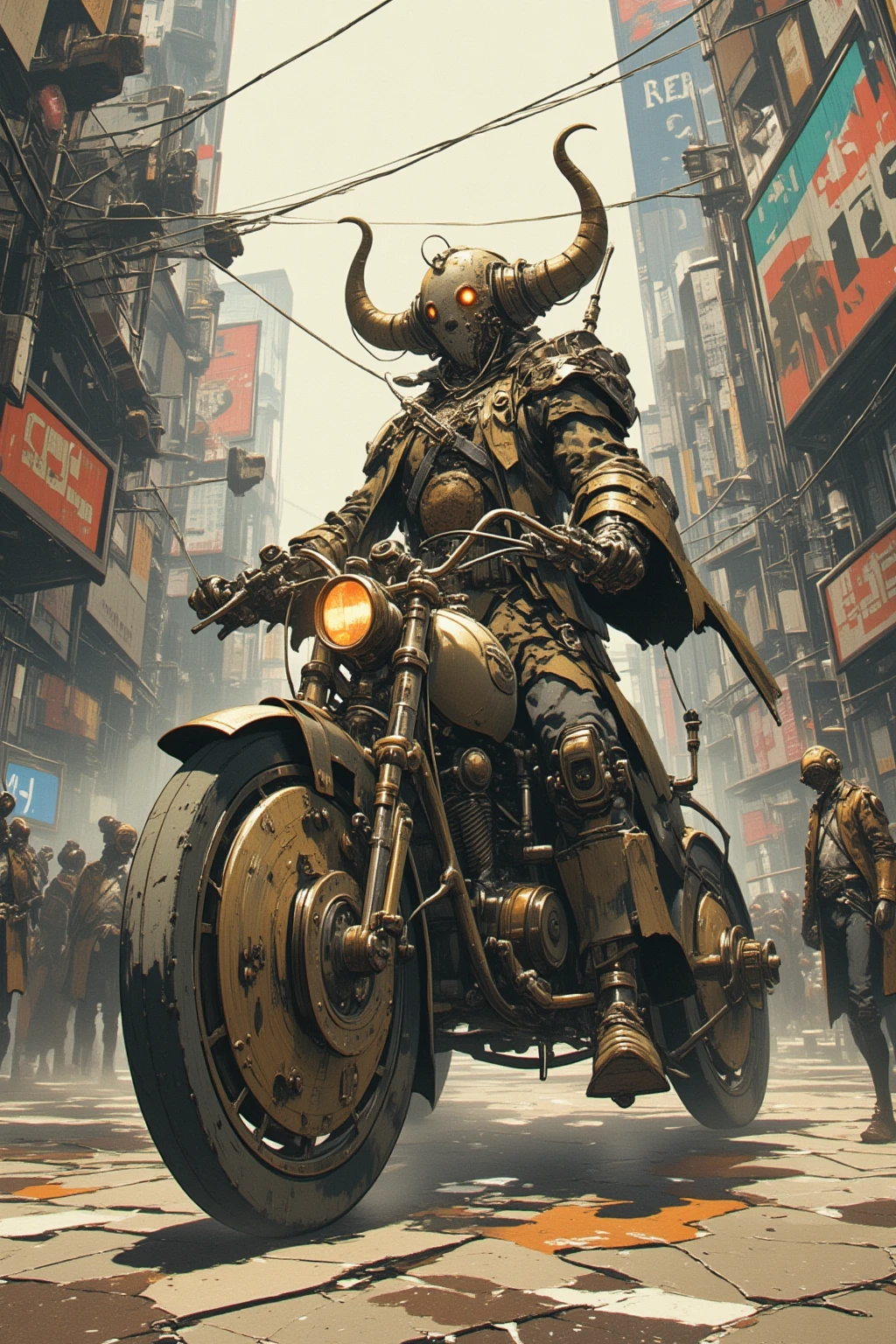 Marauders riding a strange cogwheel tricycle,steampunk steam engine city,Hallucinatory Art , dmt Death of Ego , Psychedelic Horror ,Grey Sky、  Highly Detailed Amazing Art , DMT Egodes ,Shamanic Fear ,LSD art,collage,futuristic steampunk street ,  Steampunk City ,  19th Century Urban Concept Art ,  Sci-fi Scene 19th Century Future New York,  Advanced Realistic Concept Art ,  Post-Apocalyptic New York , Post-Global Streets ,  steampunk atmosphere , Steampunk cityscape , 19th Century Atmosphere 、Mechanical Denture Type