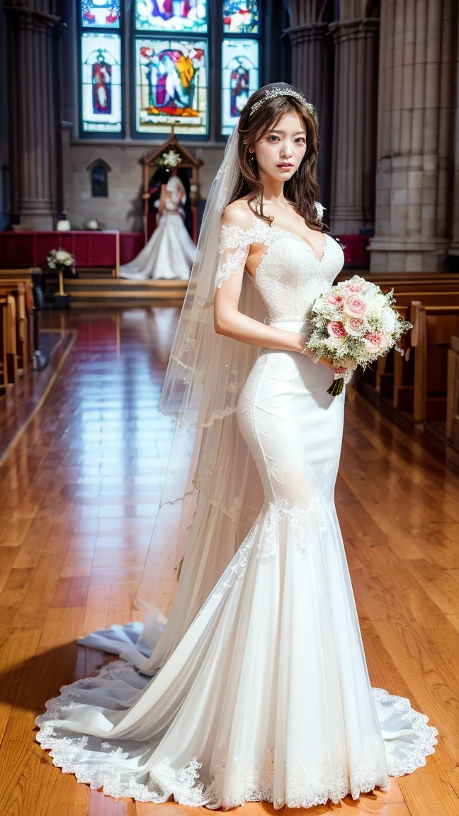 A beautiful young Japanese woman, 26 years old, with healthy thighs, beautiful legs, flawless skin, random hair color and style, large breasts, wearing a (wedding dress:1.3), (she is standing:1.2), full body shot, high heels, holding a bouquet in her hands, in a church setting, (best quality,8k, masterpiece:1.3), (extremely detailed:1.2), perfect anatomy