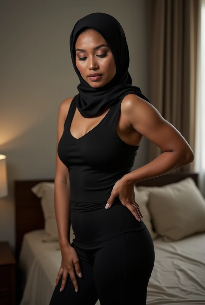 A chic lady in a form-fitting, short dress featuring a low-cut neckline and a hijab, showcasing a daring yet elegant look. -ar 1:1