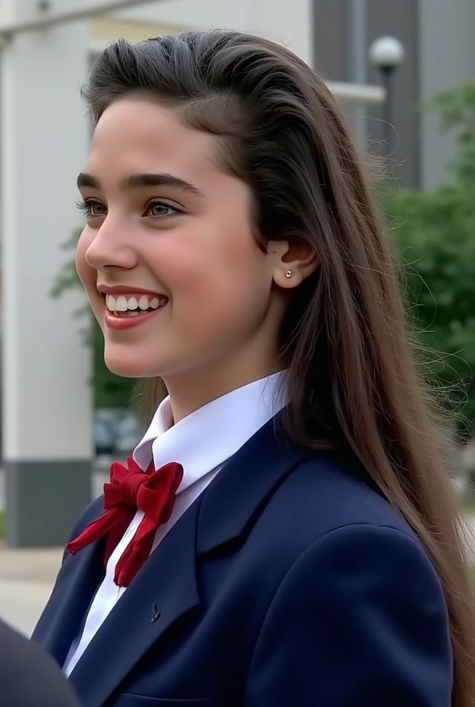 (masterpiece, best quality:1.3), 1girl, Alone, from the right side, her beautiful profile,
from the top of her head to her waist,
she wear in tidy dark blue high school blazer uniform and immaculate shirt with blilliant red bow tie.,
(young Jennifer Connelly at ),
with cute face with plump cheeks,
scooped nose arched high with a turned-up tip,
no make up,
flawless healthy youthful fresh succulent fine smooth oily pale skin,
with precocious female body with precociously large blreasts and broad wide shoulders, 
a bit wet shiny long dark hair fluttering,
laughing joyfully with someone,
She is in sunny outdoor under with bright natural light illuminating on her face,