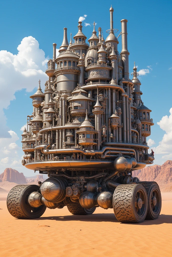  make a complex steampunk-style village city with houses and townhouses and long and wide steam pipes and gigantic industrial machines with wide metal pipes all on a gigantic mobile platform with war tank treadmill wheels,  the whole city is on a platform with giant wheels rolling through the desert , steampunk art, with many people walking around the city ,  as realistic as possible,  As detailed as possible , 