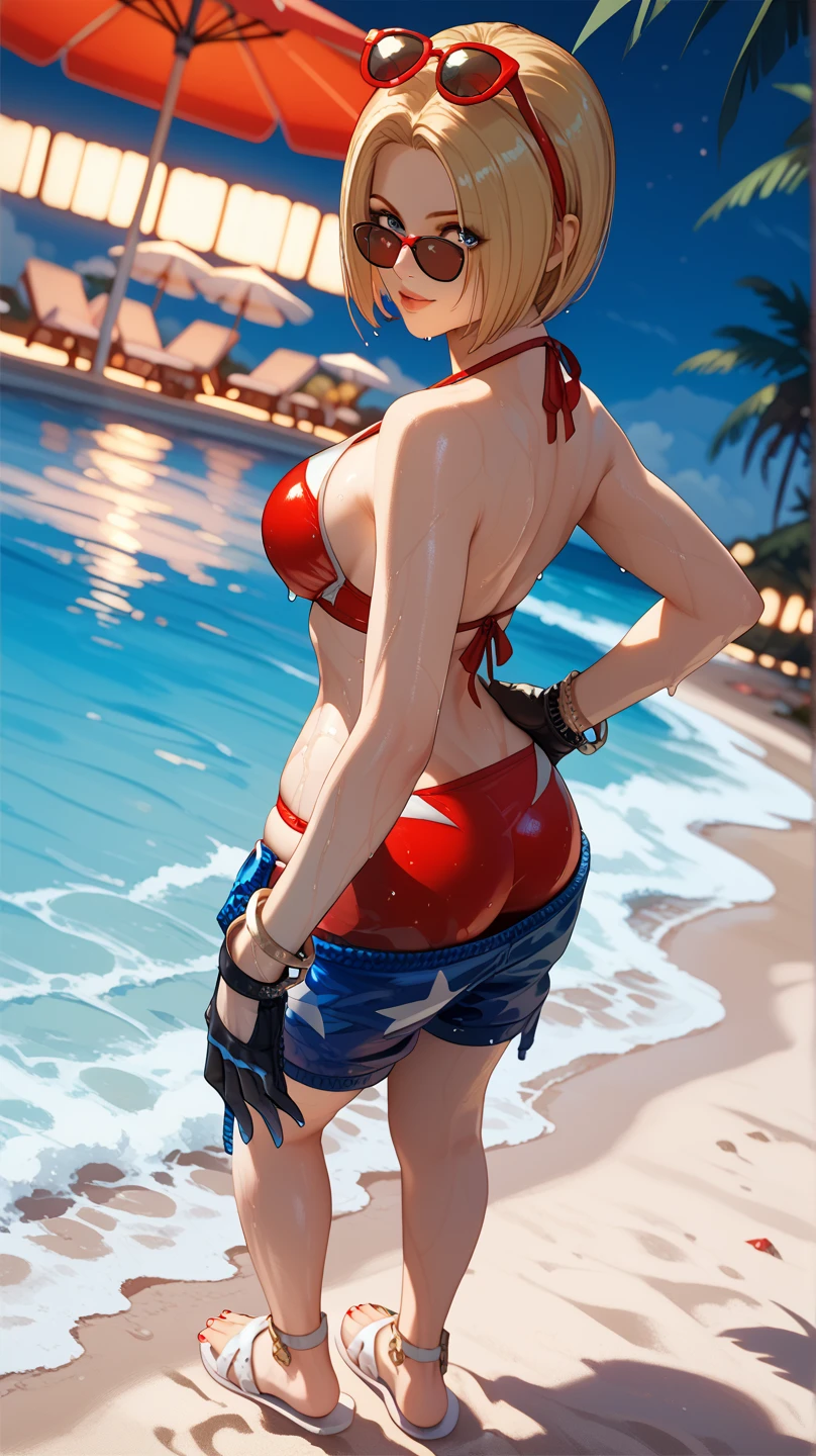  The King of Fighters, Sexy blue mary , UHD,  blue eyes ,  on a beach at night, wearing a tight bikini red up blue down, white sandals ,  black gloves, Sunglasses,  totally wet , perspective,  From behind , 