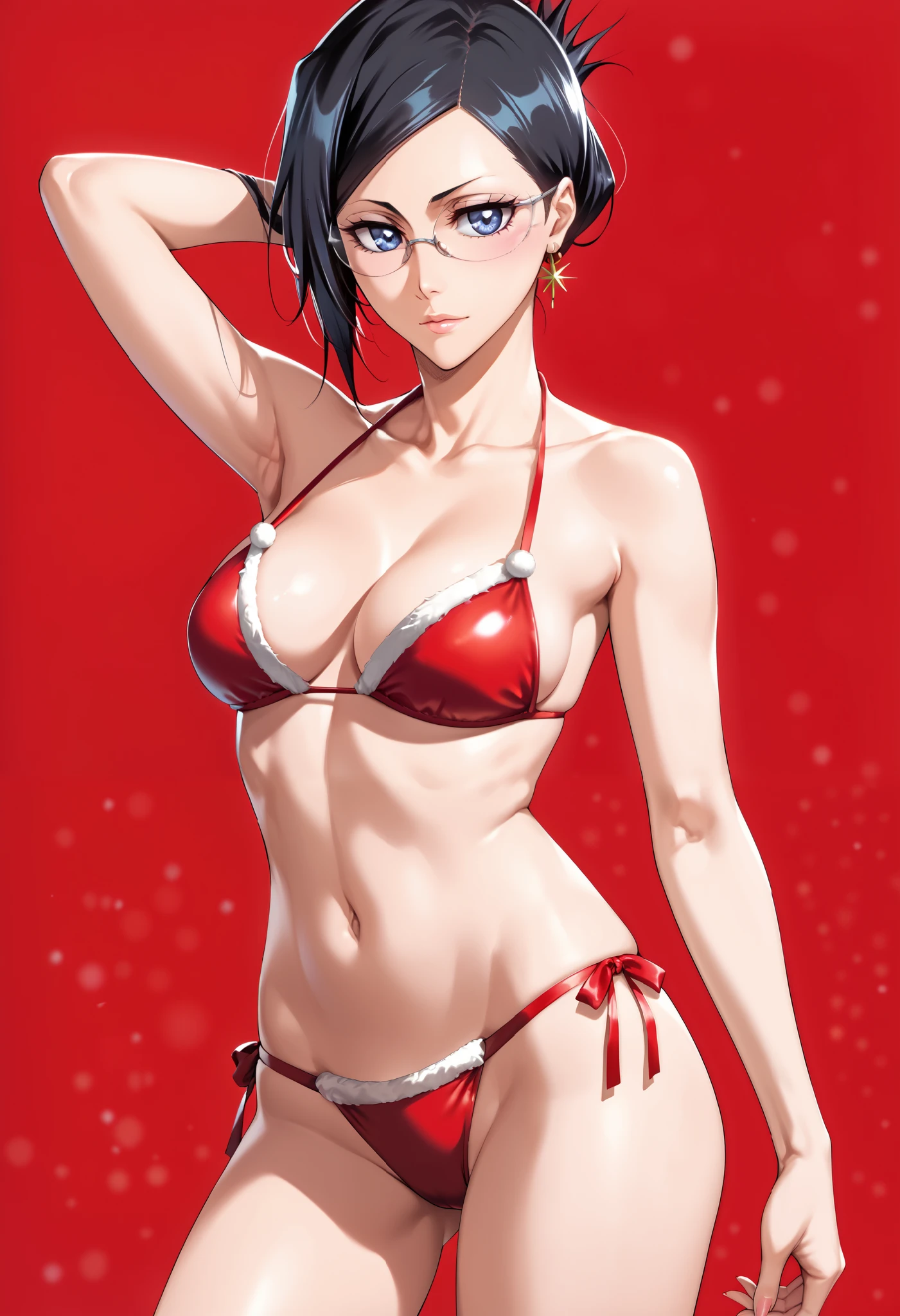 Girl in red bikini, (standing), body completo.de forehead, hands on hips, shy, detailed face, perfect body, 4k, good anatomy, (bottomless), (cameltoe, in heels), white background, (marked, black hair)