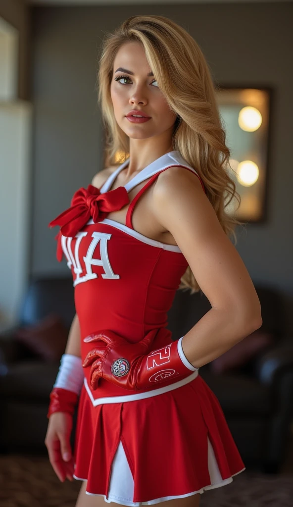  Photographing the side of a woman，A picture of a young and beautiful 、 to look like an American NBA cheerleader，Faithe Herman。 blonde hair，Wear a stylish and sexy Bunny Girl costume ，bdbunny, red leotard, bow tie, wrist cuffs, full body, standing 