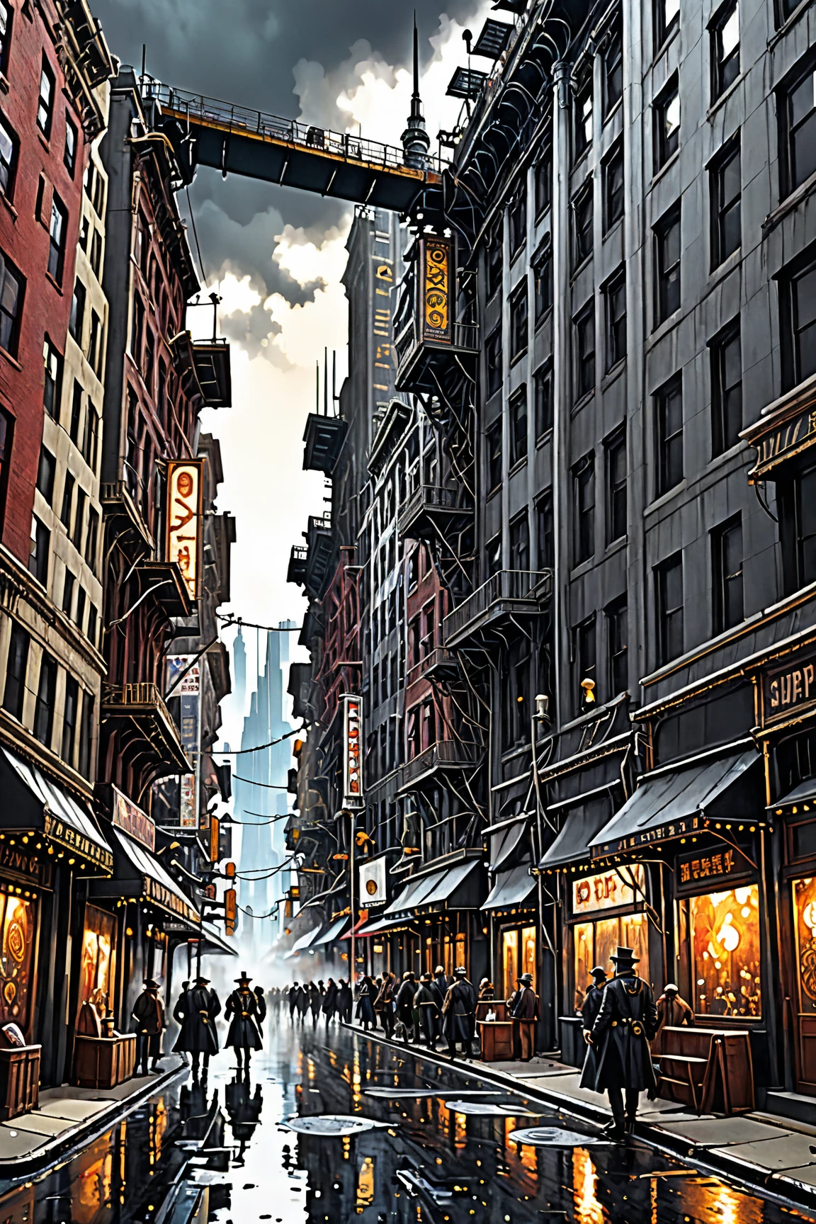 steampunk steam engine city,Hallucinatory Art , dmt Death of Ego , Psychedelic Horror ,Grey Sky、  Highly Detailed Amazing Art , DMT Egodes ,Shamanic Fear ,LSD art,collage,futuristic steampunk street ,  STEAMPUNK CITY , City Concept Art,  sci-fi scene Future New York ,  Advanced Realistic Concept Art ,  Post-Apocalyptic New York , Post-Global Streets ,  Steampunk Atmosphere , Steampunk cityscape ,  steampunk blade runner art