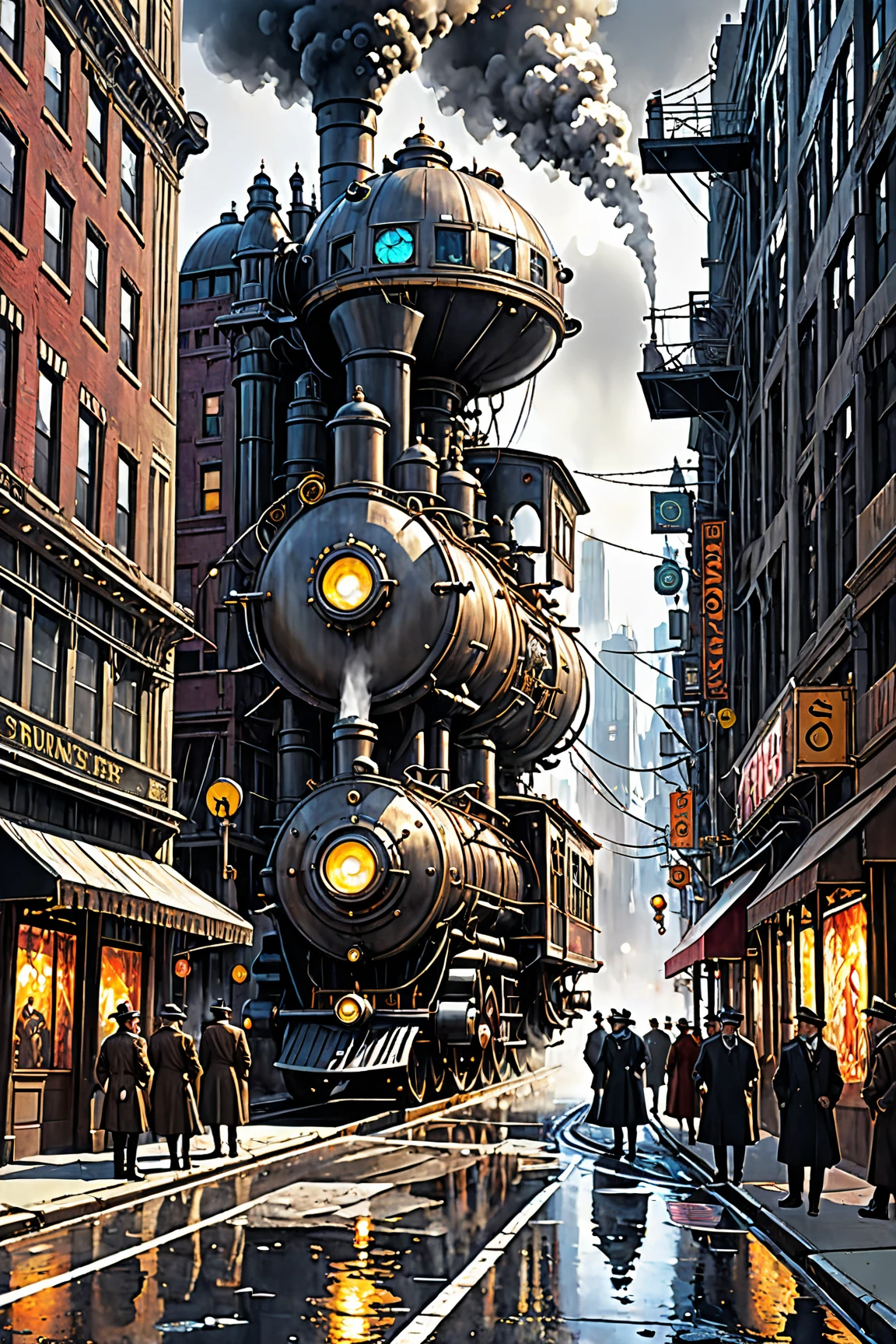 steampunk steam engine city,Hallucinatory Art , dmt Death of Ego , Psychedelic Horror ,Grey Sky、  Highly Detailed Amazing Art , DMT Egodes ,Shamanic Fear ,LSD art,collage,futuristic steampunk street ,  STEAMPUNK CITY , City Concept Art,  sci-fi scene Future New York ,  Advanced Realistic Concept Art ,  Post-Apocalyptic New York , Post-Global Streets ,  Steampunk Atmosphere , Steampunk cityscape ,  steampunk blade runner art