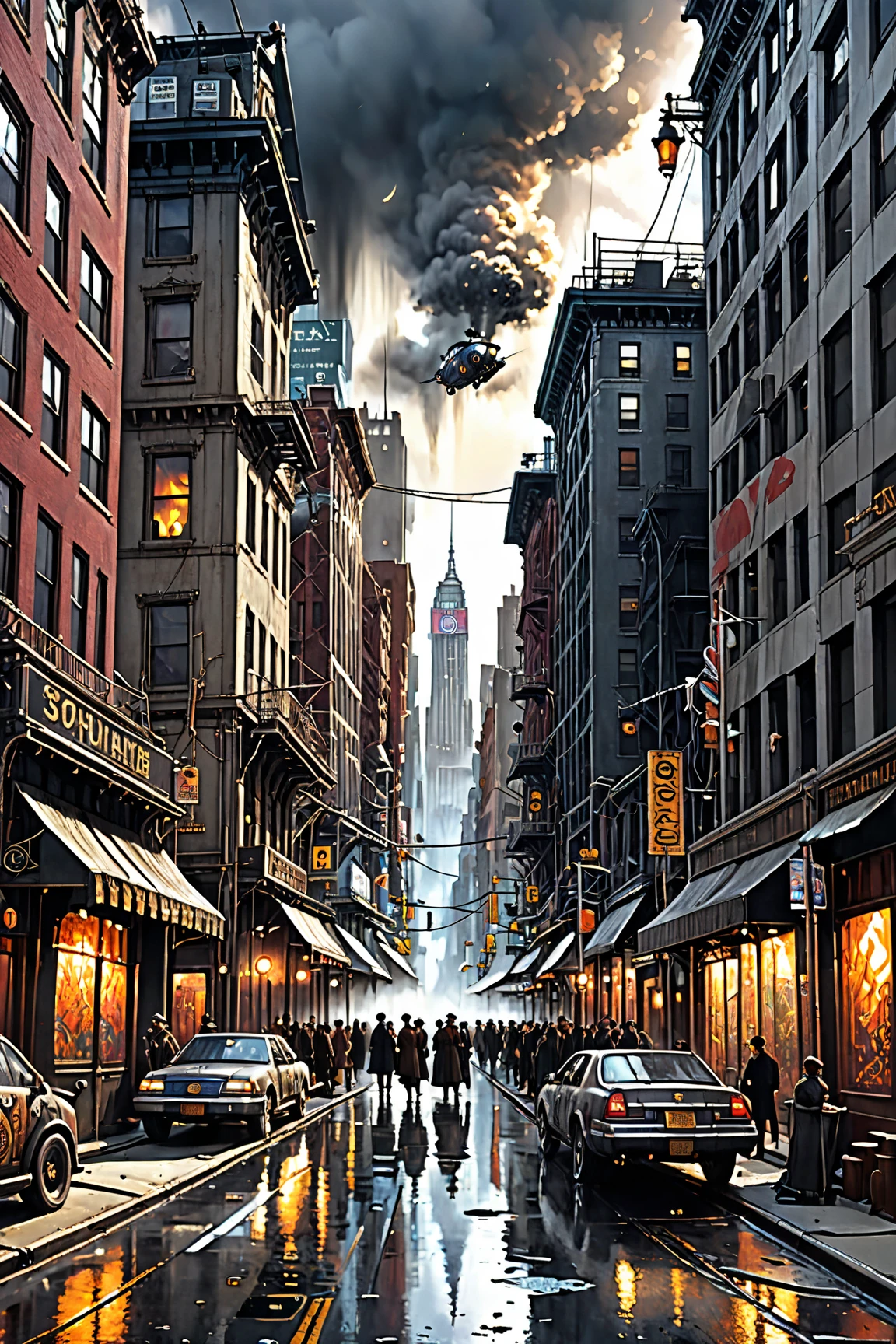 steampunk steam engine city,Hallucinatory Art , dmt Death of Ego , Psychedelic Horror ,Grey Sky、  Highly Detailed Amazing Art , DMT Egodes ,Shamanic Fear ,LSD art,collage,futuristic steampunk street ,  STEAMPUNK CITY , City Concept Art,  sci-fi scene Future New York ,  Advanced Realistic Concept Art ,  Post-Apocalyptic New York , Post-Global Streets ,  Steampunk Atmosphere , Steampunk cityscape ,  steampunk blade runner art