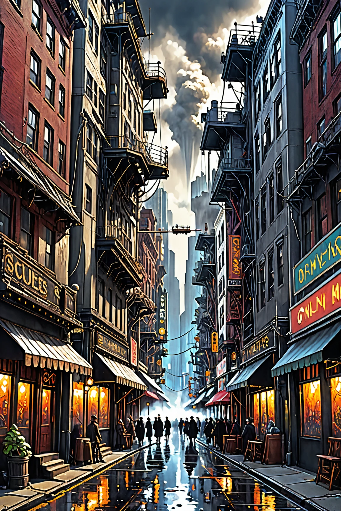 steampunk steam engine city,Hallucinatory Art , dmt Death of Ego , Psychedelic Horror ,Grey Sky、  Highly Detailed Amazing Art , DMT Egodes ,Shamanic Fear ,LSD art,collage,futuristic steampunk street ,  STEAMPUNK CITY , City Concept Art,  sci-fi scene Future New York ,  Advanced Realistic Concept Art ,  Post-Apocalyptic New York , Post-Global Streets ,  Steampunk Atmosphere , Steampunk cityscape ,  steampunk blade runner art