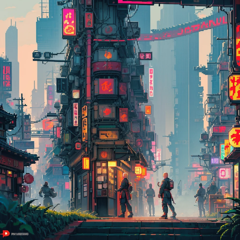 Create a pixel art with a cyberpunk environment and style with Japanese style Shaolin temples with bamboo and bamboo leaves decorating the environment, it must be in a sunset and clouds, a Fuji mountain, neon lights