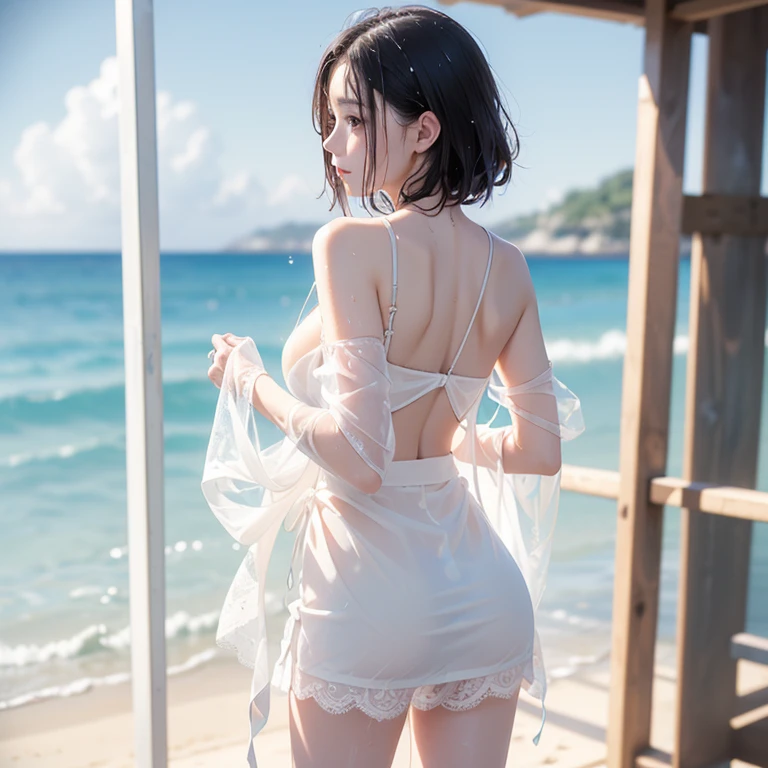 （ realistic 、 realistic ：1.37），（8k,raw, top quality，Harvest a masterpiece of ：1.2）， super high resolution、Wet nudes､No underwear､ not wearing panties ､ clevis on a stone,(((Naked､Very transparent､Wet pure white lace oversized flatline short length without shoulder straps､Protruding breasts)))､(((Naked､Very transparent､ Wet Pure White Lace Miniskirt 、Buttocks peeking out of the hem )))､（（（wet big boobs）））、（（（Beautiful Wet Breasts ）））、（（ Wet Big Butts ）））､(((Summer beach､Water&#39;s Edge)))､ attractive woman､ high-definition face 、Random hair color､ Delicate Details and Subtle Sparkle 、 double eyelids 、 Underbust 、 Shoot in poses that reflect both bewitching and cuteness 、 Enhance visual effects with cinematic lighting 、Make something beautiful、 balanced composition ． depth of field、 bloom effect 、And a touch of sparkle、 Two Beautiful Women Intertwine Naked Body 。 details、