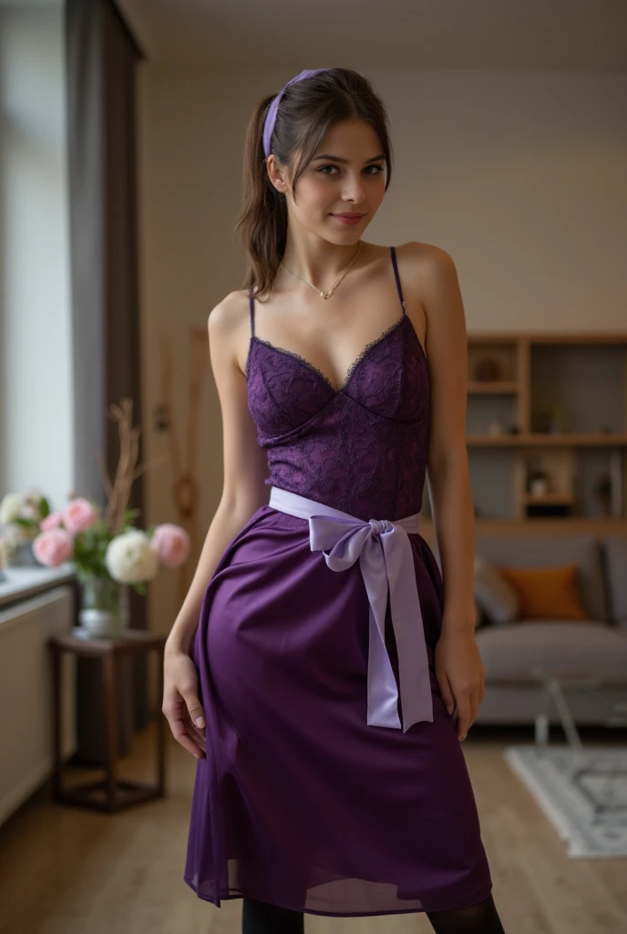 arafed woman fully , sexy girl with brown eyes, ultra realistic, meticulously detailed, portrait sophie mudd, brown hair and large eyes, selfie of a young woman, bedroom eyes, violet myers, without makeup, natural makeup, looking directly at the camera, face with artgram, subtle makeup, stunning full body shot kneeling on bed, in bedroom, medium to large size bust