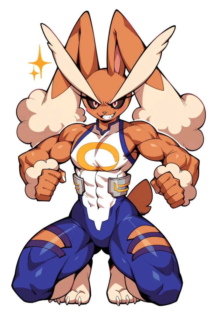 Female, furry, A fit and curvy female furry anthropomorphic Lopunny in a powerful, dynamic roundhouse kick full body pose, inspired by Mirko's hero costume from My Hero Academia, Her left leg is captured in a speedlines blurred motion to convey the speed and arc of a roundhouse kick, while her body is shown in a medium shot, with both legs and the body fully  view visible in the composition, The low-angle perspective emphasizes her athleticism and strength, highlighting her toned physique, Her long, flowing Lopunny's bunny ears and snug, hero-like outfit are in motion, dramatic flair, The art style is inspired by Taigerarts, featuring bold outlines, smooth solid shading, flat colors, and minimal details, The anatomy is flawless, with proportional limbs, strong legs, and dynamic physics applied to the ears and medium chest to enhance the sense of movement. Her confident pose exudes power and elegance, centered in a front-facing, action-packed scene