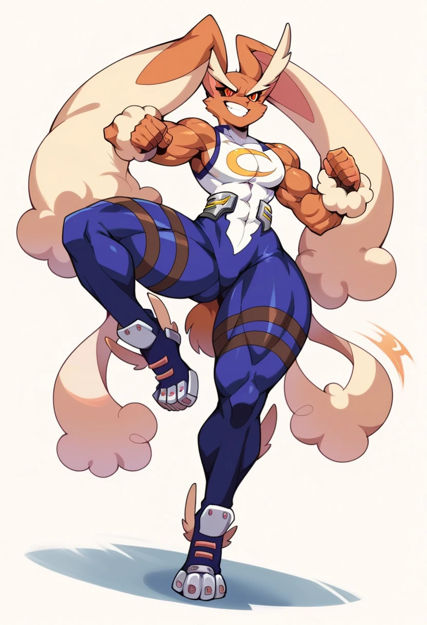 Female, furry, A fit and curvy female furry anthropomorphic Lopunny in a powerful, dynamic roundhouse kick full body pose, inspired by Mirko's hero costume from My Hero Academia, Her left leg is captured in a speedlines blurred motion to convey the speed and arc of a roundhouse kick, while her body is shown in a medium shot, with both legs and the body fully  view visible in the composition, The low-angle perspective emphasizes her athleticism and strength, highlighting her toned physique, Her long, flowing Lopunny's bunny ears and snug, hero-like outfit are in motion, dramatic flair, The art style is inspired by Taigerarts, featuring bold outlines, smooth solid shading, flat colors, and minimal details, The anatomy is flawless, with proportional limbs, strong legs, and dynamic physics applied to the ears and medium chest to enhance the sense of movement. Her confident pose exudes power and elegance, centered in a front-facing, action-packed scene