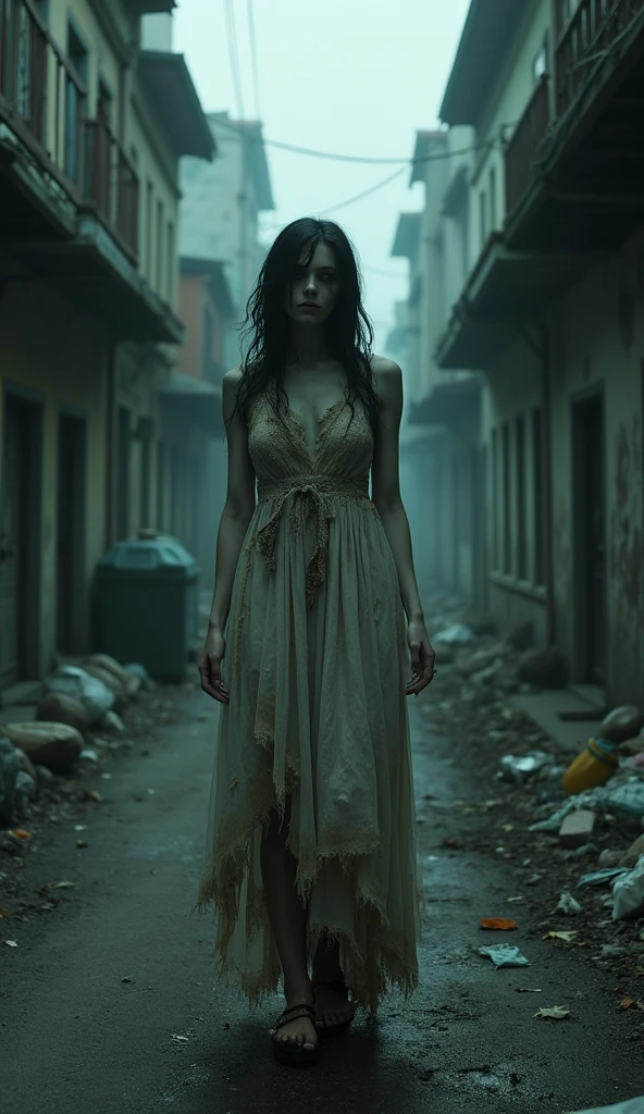 Woman, with long hair, dissected body, using an old and torn dress, in the middle of the wide street, Nevoa.
