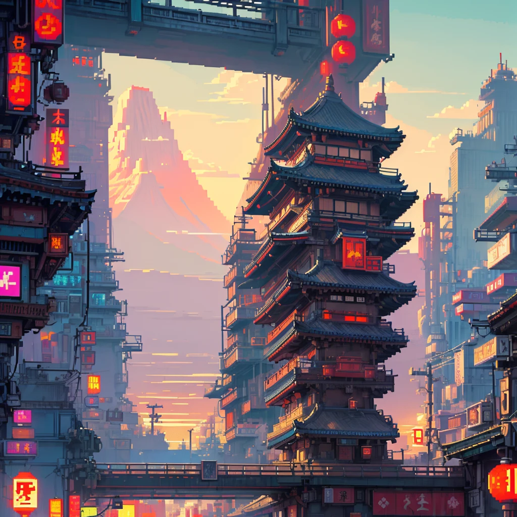 Create a pixel art with a cyberpunk environment and style with Japanese style Shaolin temples with bamboo and bamboo leaves decorating the environment, it must be in a sunset and clouds, a Fuji mountain, neon lights