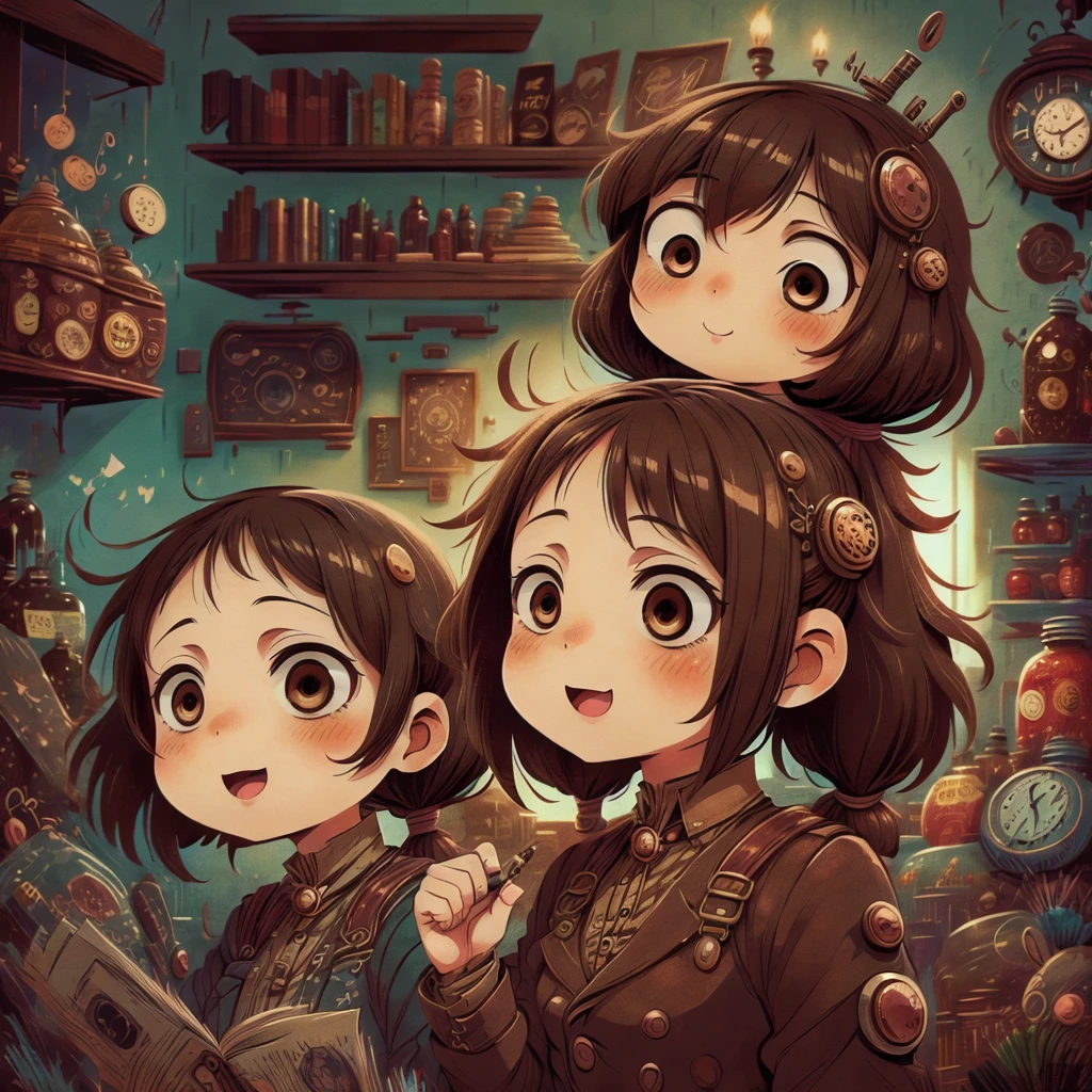 steampunk, 1 dolly girl, little fat, little smile, half open mouth, brown eyes, forehead, black curly hair, low twintails hair, indoor, at home, magazine cover, english text, blush, cute female-action pose