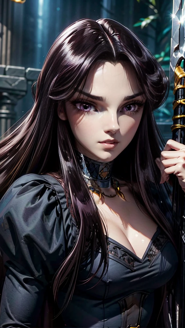 ((official art)), 1girl, gothic castle, dark castle, (huge breasts), large breasts, small waist, wide hips, round ass, thick thighs, very long hair, glossy lips, deep cleavage, large breasts, cleavage, collarbone, flowing skirt, big thighs, full body shot, glowing hair, floating hair,  pandora, purple eyes, very long hair, black hair, dark purple hair, parted hair, necklace, choker, dress, black dress, juliet sleeves, weapon, trident ,holding, holding weapon, (slit skirt), glow-in-the-dark eyes, glowing eyes, dynamic pose, overflowing large breasts, slim body, curvy, very wide hips, sexy position, slim and curvy body, score_9,score_8_up,score_7_up, saintseiya,

BREAK, 
perfect eyes, expressive eyes, extremely detailed eyes, beautiful eyes, expressive eyes, gradient eyes, glistening eyes, perfect eyes, extremely detailed face, expressive face, perfect face, extremely detailed hands, extremely detailed fingers, perfect hands, perfect fingers, extremely detailed body, perfect anatomy, (extremely detailed physique), glossy hair, glossy skin, (extremely detailed hair), (extremely detailed clothing), (extremely detailed accessories), (detailed background), (intricate background), (detailed scenery), (perfect scenery), 

BREAK,
(full body shot), masterpiece, photorealistic, best quality, (extremely detailed CG unity 64k wallpaper), ultra-high resolution, ultra-high definition, maximalist, 64k UHD, highres, intricate, intricate details, absurdres, highly detailed, finely detailed, ultra-detailed, ultra-high texture quality, DLSR, RTX, (HDR), detailed textures, ultra-high pixel detail, professionally color graded, full color depth, sharp focus, volumetric lighting, natural shadow, dramatic shading, dramatic lighting, deep shadows,

