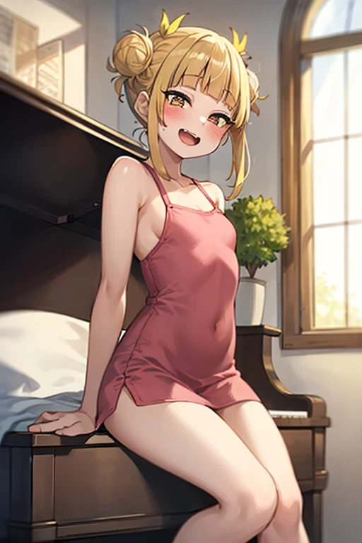 (( top quality)), ((masterpiece)), (be familiar with),  perfect face, indoor, bedroom, looking at the viewer,
One woman, I was,
 open mouth,  ecstatic expression beside the piano, blush, smile,
 small ,  flat chested, Young girl, Lori,  kids,  girl,
 long hair,  twin bun hair ,
Leg spread,