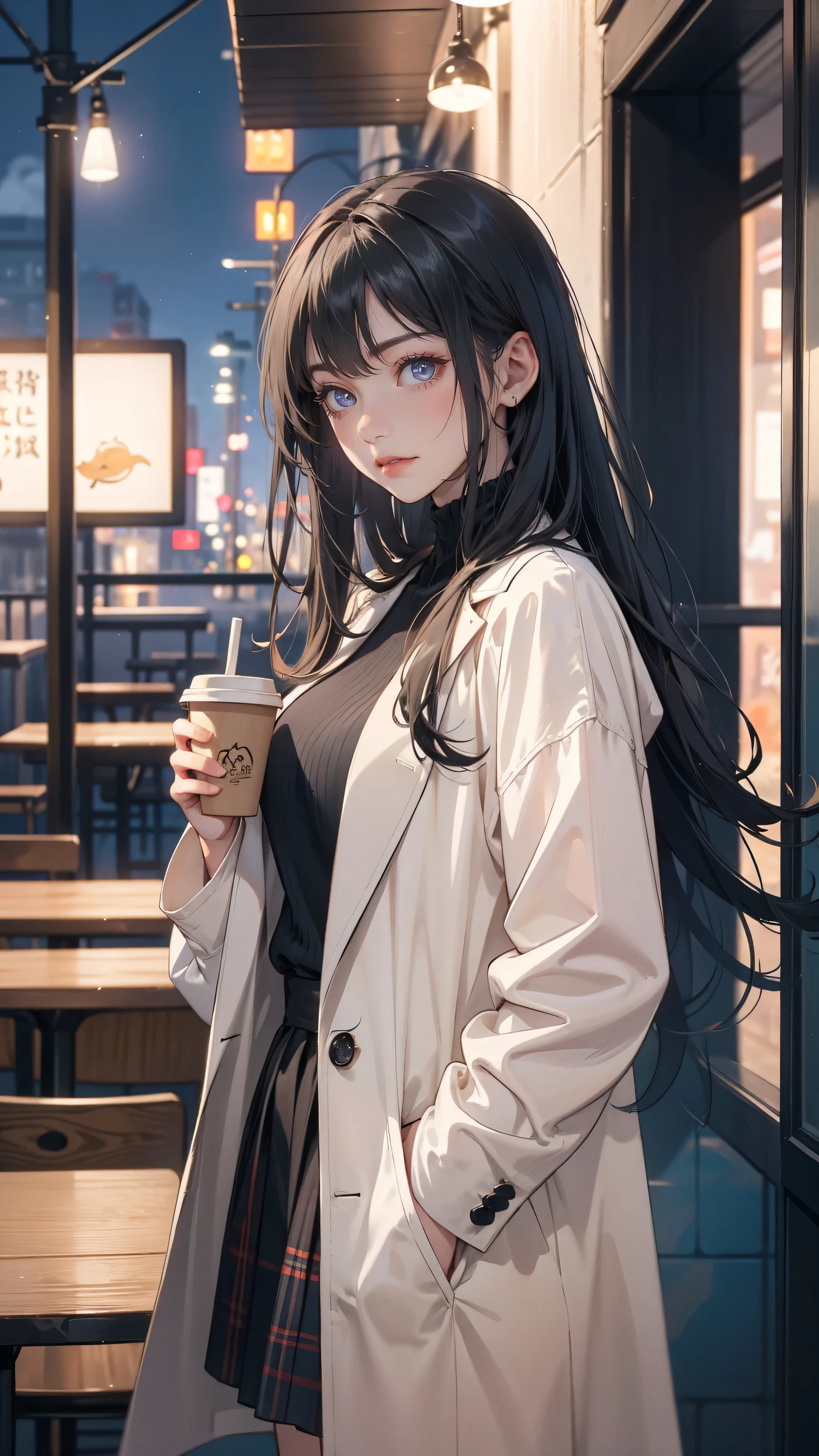 Anime girl in white coat looking out the window, cabelos preto e longos, painted in anime painter studio, Anime art wallpaper 8k, anime moe art style, realistic anime art style, Smooth Anime CG Art, anime style 4 k, mysterious coffee shop girl, Beautiful Anime Portrait, Soft lighting, artwork in the style of guweiz