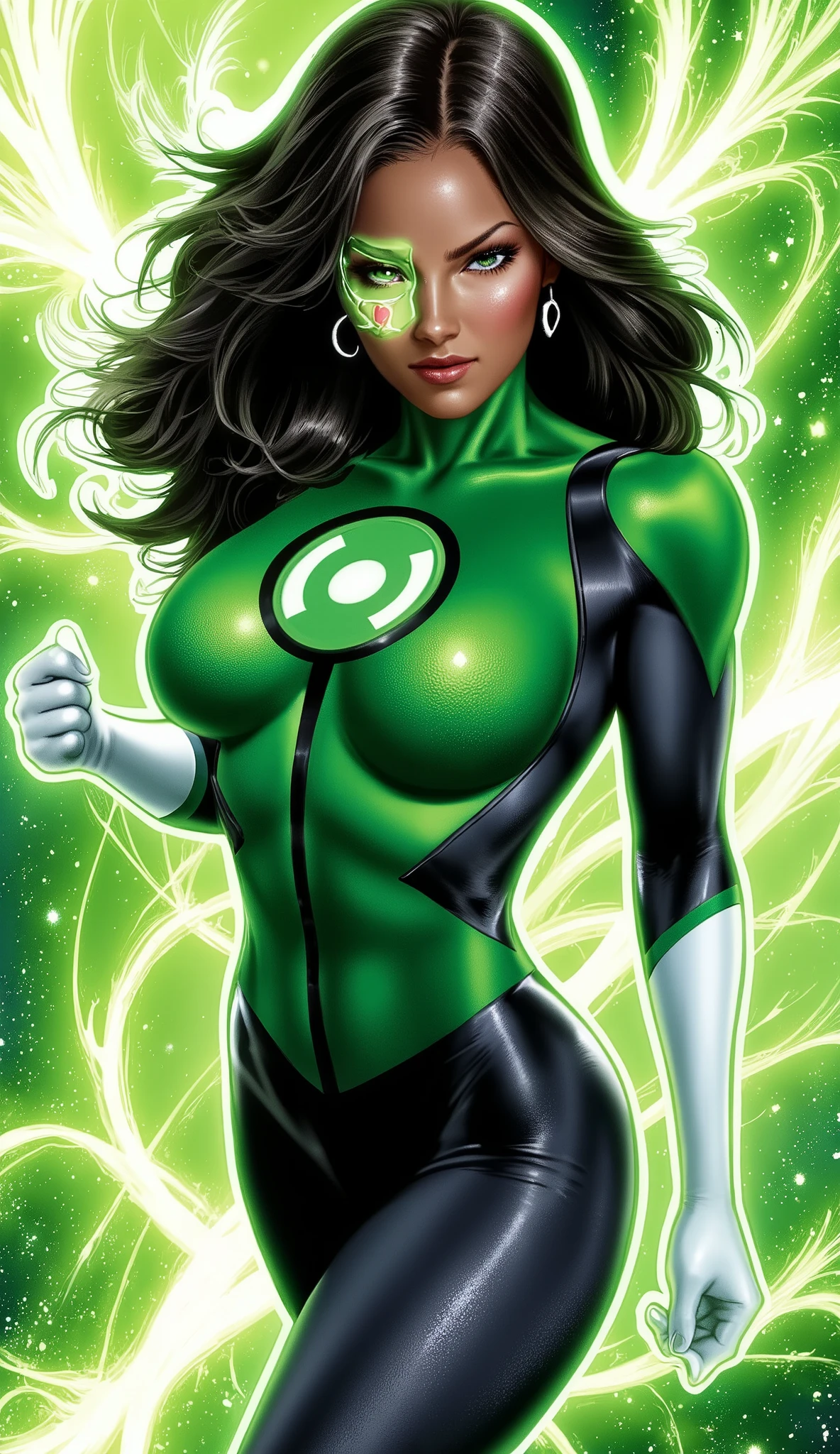 (best quality,4k,8k,highres,masterpiece:1.2),ultra-detailed,(realistic,photorealistic,photo-realistic:1.37),,superhero,sexy ,(Masterpiece, 4k resolution, ultra-realistic, very detailed) masterpiece, best quality, Green lantern Jessica cruz space background UHD