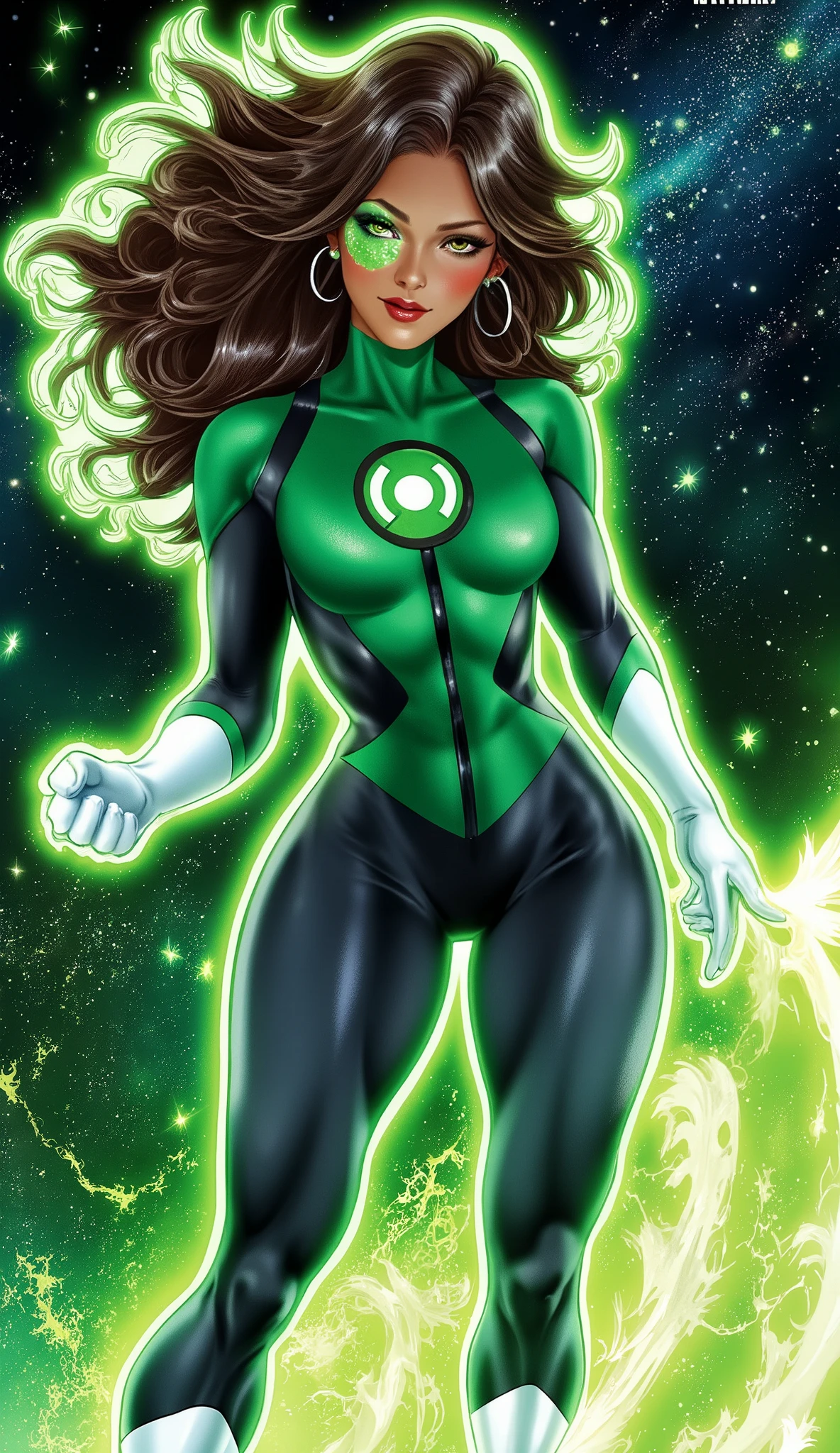 (best quality,4k,8k,highres,masterpiece:1.2),ultra-detailed,(realistic,photorealistic,photo-realistic:1.37),,superhero,sexy ,(Masterpiece, 4k resolution, ultra-realistic, very detailed) masterpiece, best quality, Green lantern Jessica cruz space background UHD