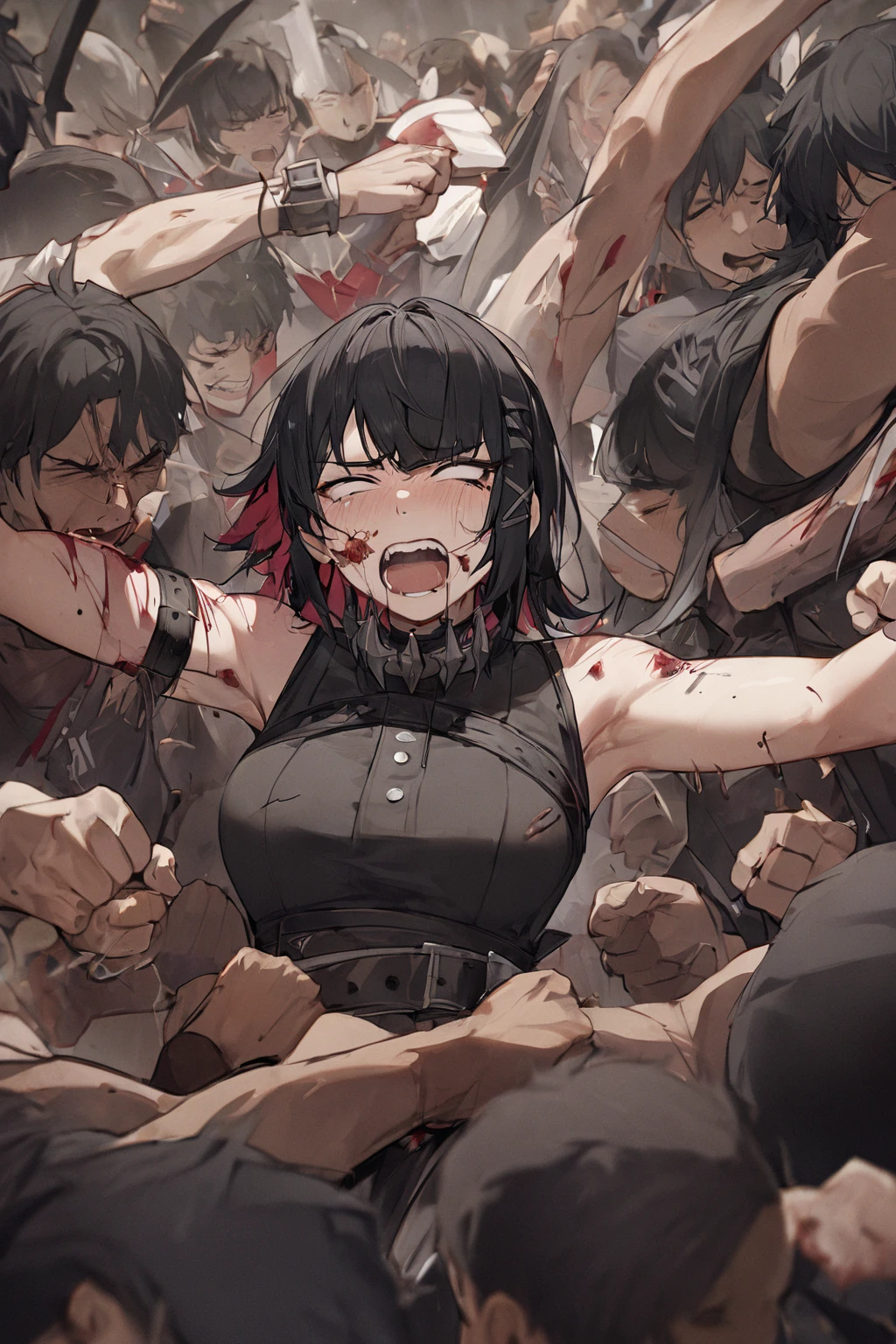  Ellen Joe gets lynched by countless men。 Countless men punch her with their fists。She's full of wounds 。Her clothes are torn 。She grimaces in pain。Hurts Her 。She has black hair。Accurate Face。Accurate Arm。 anatomically correct,  top quality, 