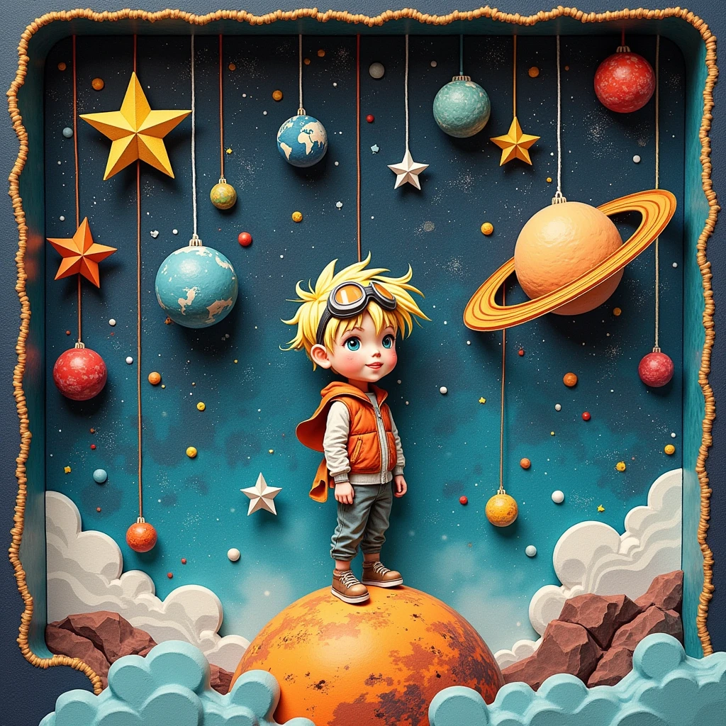 masterpiece:1.2,  outer space ,  Three-dimensional illustration made using cardboard or cloth :1.4, A round planet made of cardboard , Kiriki Boy Standing on a Planet ,  and I wear goggles on my head,I'm dressed like a pilot , Blonde, Simple eyes, ( near a star-shaped spaceship , Spherical shield , cockpit),  Stars and celestial bodies made of origami are hung from above with yarn, prince on a star