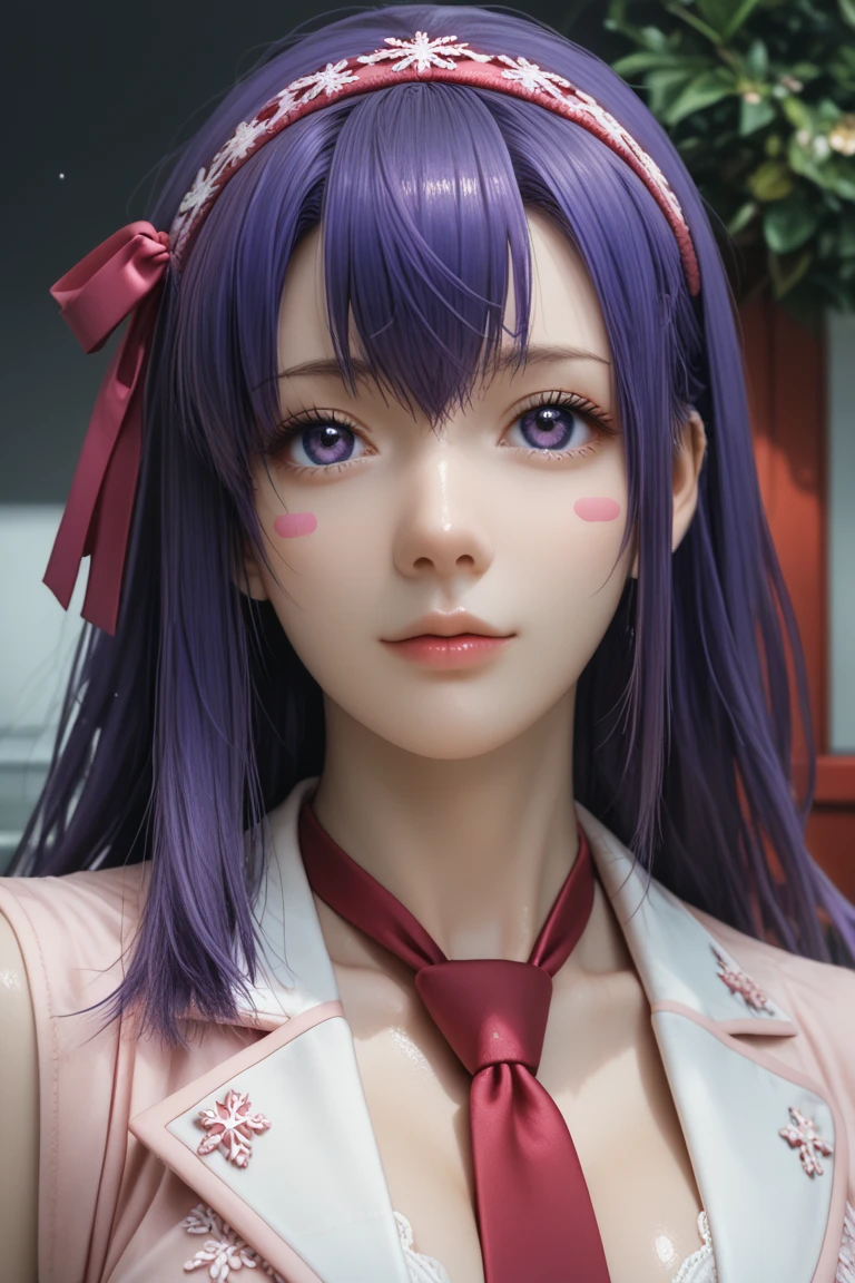 (masterpiece,  best quality ), 1 girl, sakura,2d, beautiful face,( purple hair ),( purple hair  largo),( purple hair  largo),( purple eyes),( headband ),neck tie ,RED RIBBON,pesones with cold , HIGH QUALITY,ultra detailed , waist 50cm, long hair, big breasts ,  self-adhesive nipple stickers snowflake lingerie..