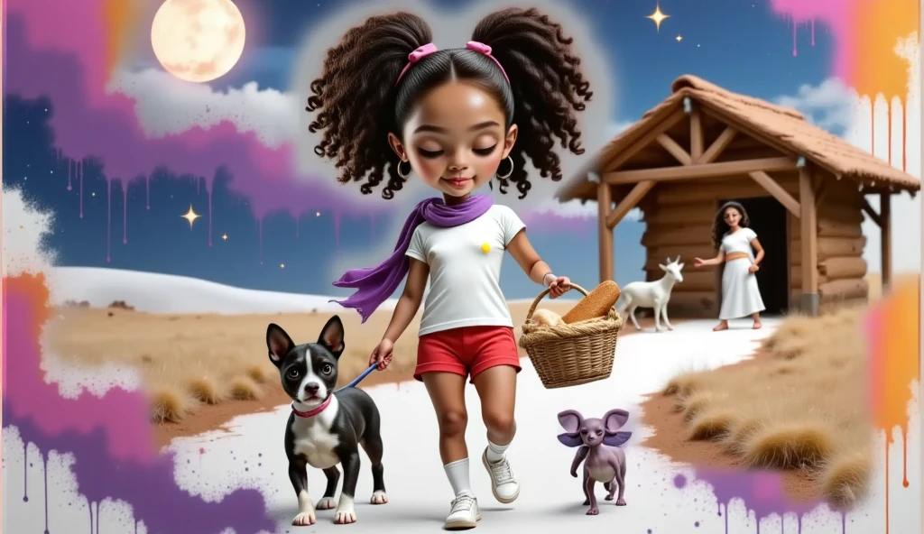 The scene is inspired by Disney Pixar movies, posters and 3D characters, in high quality and high resolution. A girl, wearing a lilac scarf, a white t-shirt, very short red shorts, white socks and white sneakers, she has long curly hair tied in two ponytails with a red ribbon, she carries a basket with a loaf of bread inside, she is in the company of a black and white French bulldog puppy and a purple, hairless Sphinx kitten, they are filmed from behind, walking to a manger where Mary, Joseph and Jesus Christ are, next to a cow, a sheep and a donkey in a simple straw barn. It is night and a guiding star shines next to a beautiful full moon. The scene takes place with the attached image as a reference.