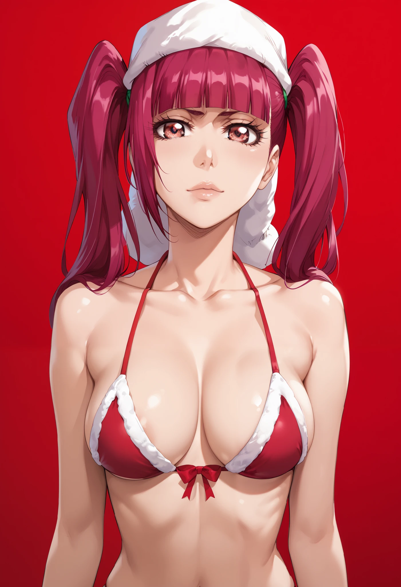 extremely detailed CG, high resolution, best quality, masterpiece, single woman, dokugamine riruka (bleach), magenta eyes, (beautiful detailed eyes: 1.4), magenta hair, ponytails on the sides, christmas bikini, natural pose, red background (gradient)