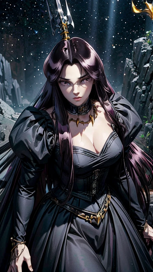 ((official art)), 1girl, gothic castle, dark castle, (huge breasts), large breasts, small waist, wide hips, round ass, thick thighs, very long hair, glossy lips, deep cleavage, large breasts, cleavage, collarbone, flowing skirt, big thighs, full body shot, glowing hair, floating hair,  pandora, purple eyes, very long hair, black hair, dark purple hair, parted hair, necklace, choker, dress, black dress, juliet sleeves, weapon, trident ,holding, holding weapon, (slit skirt), glow-in-the-dark eyes, glowing eyes, dynamic pose, overflowing large breasts, slim body, curvy, very wide hips, sexy position, slim and curvy body, score_9,score_8_up,score_7_up, saintseiya,

BREAK, 
perfect eyes, expressive eyes, extremely detailed eyes, beautiful eyes, expressive eyes, gradient eyes, glistening eyes, perfect eyes, extremely detailed face, expressive face, perfect face, extremely detailed hands, extremely detailed fingers, perfect hands, perfect fingers, extremely detailed body, perfect anatomy, (extremely detailed physique), glossy hair, glossy skin, (extremely detailed hair), (extremely detailed clothing), (extremely detailed accessories), (detailed background), (intricate background), (detailed scenery), (perfect scenery), 

BREAK,
(full body shot), masterpiece, photorealistic, best quality, (extremely detailed CG unity 64k wallpaper), ultra-high resolution, ultra-high definition, maximalist, 64k UHD, highres, intricate, intricate details, absurdres, highly detailed, finely detailed, ultra-detailed, ultra-high texture quality, DLSR, RTX, (HDR), detailed textures, ultra-high pixel detail, professionally color graded, full color depth, sharp focus, volumetric lighting, natural shadow, dramatic shading, dramatic lighting, deep shadows,

