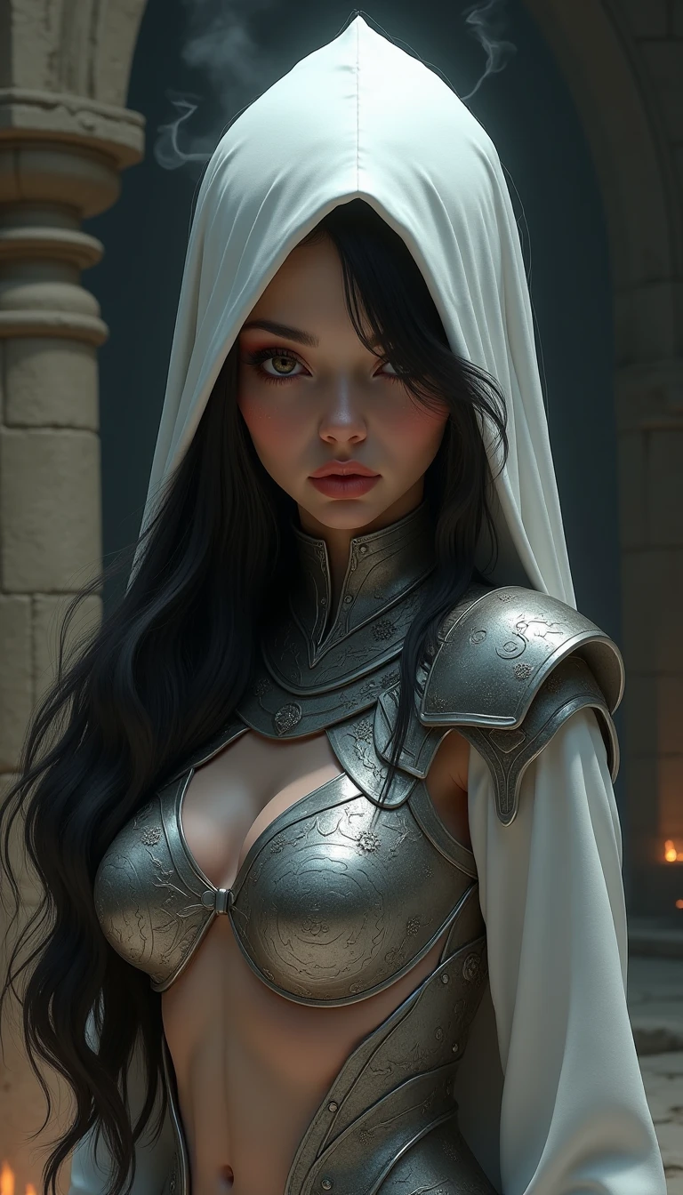Corpo nu, seios gigantes, coxas grossas, 1 retrato de 1 mulher, rosto detalhado, olhos detalhados, musculatura correta, Anatomia correta, thirds rule, proportion Aurea, translucido, sem sutileza, Corpo nu, detalhes dourados e pretos, necromancer, armadura em metal retorcido, detalhes ultra realistas, seios gigantes, High-resolution dynamic poses feature better rendering, cinematic lighthing, 8k, papel de parede 8k