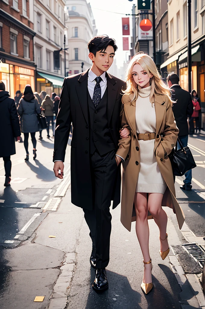 A full-body shot of an international couple walking arm in arm on the streets of London, looking directly at the camera, exuding joyful winter vibes. The couple features an Asian man in his thirties with a strong square face, brown skin with a golden undertone, round black eyes, low cheekbones, a straight nose, and short slicked-back black hair. He is dressed in a fine long coat over a suit. Beside him is his European girlfriend in her twenties with an oval face, light hazel almond-shaped eyes, low cheekbones, a prominent nose, long blonde hair, and fair skin with a cool undertone. She wears a knitted sweater. The backdrop showcases a chilly London morning with a gray sky, emphasizing vibrant details, soft lighting, and natural makeup.
((full-body shot)), ((looking at the viewer)), ((Asian man)), ((European woman)), ((couple)), ((wide view)), ((natural makeup)), ((soft lighting)), ((arm in arm)), ((winter London street))