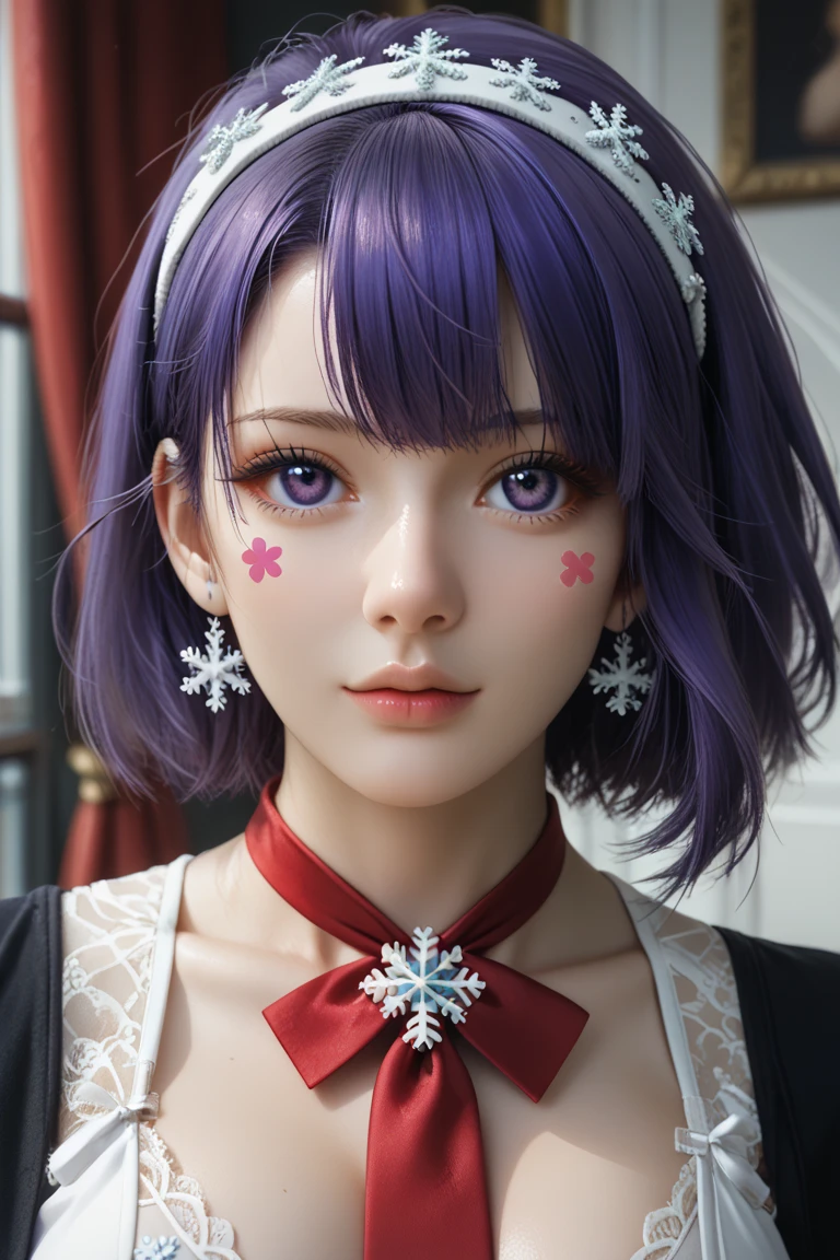 (masterpiece,  best quality ), 1 girl,2d, beautiful face,( purple hair ),( purple hair )( purple hair  largo),( purple eyes),( headband ),neck tie ,RED RIBBON,pesones with cold , HIGH QUALITY,ultra detailed ,  Rías Gremory,  long hair, big breasts ,  self-adhesive nipple stickers snowflake lingerie..