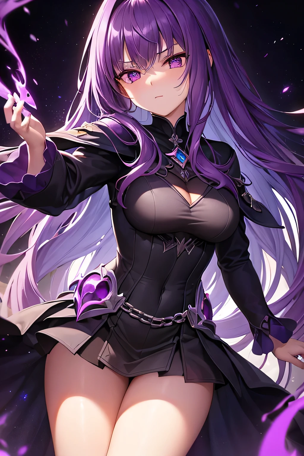 ((Highly detailed CG unit 8k wallpaper、masterpiece、High resolution、Highest quality))、Long Hair、Wavy Hair、Curly Hair、(Beautiful purple haired nun、Wearing a black veil:1.4、Wearing a black monastic uniform:1.4、Wearing black tights:1.4)、((Highly detailed face、Highly detailed black eyes、Both eyes are the same color:1.2、Highly detailed body、Highest qualityのリアルなテクスチャ スキン))、(Purple Hair、Long Hair、De Pere Blanca)、Wide-open eyes、Beautiful Eyes、double eyelid、Double eyelids、Beautiful nose、 (smile:1.2)、 (laughing:1.2)、A big smile、にっこりlaughing、 (The whole body is shown:1.2)、Adult women、20generation、Active、Cheerful woman、