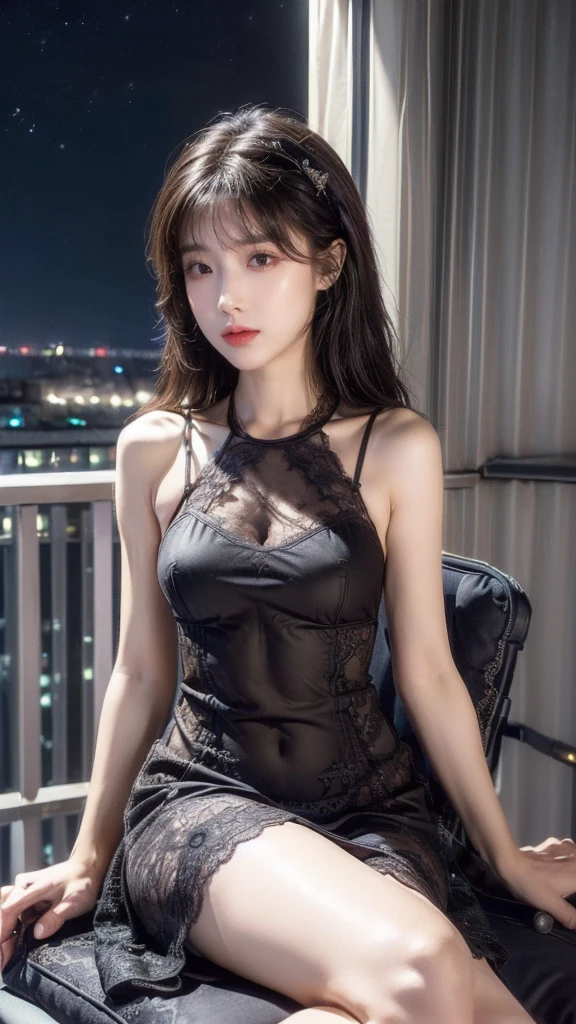 (((best quality))),(((ultra detailed))),(((masterpiece))),illustration,((a beautiful girl,solo)),(dog collar:1.2),((slim,thi)),((strapless,bare back,towering hips,butt crack)),(((sweat,wet))),(sitting:1.3),in bedroom,((violent storm, glass window, shaking, rain, wind)), hugging herself, ((clock, wall, calendar, bed)), soft covers, tenderness,(shoulder length straight bob hair:1.2), deep eyes, mix of emotions,(flowing black sheer dress:1.3),(black stockings:1.3), billowing, face serene, hint of melancholy, dimly lit room, lightning, illumination, shadows, dancing walls, gentle smile, relief, inner turmoil, calm composed, gazing into darkness, thoughts of love, storm metaphor, chaos, solace, arms of beloved, love story, ups and downs, pain and joy, souls bound by fate, enduring, stormy weather,(night scene:1.3),((from back,upper body))