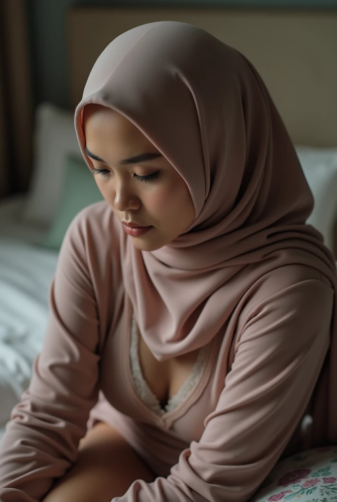 In a room, on a simple bed, a beautiful Indonesian hijab woman,with an open chest buttoned shirt, visible bra, is having sex in women on top style with a 14 year old boy.
