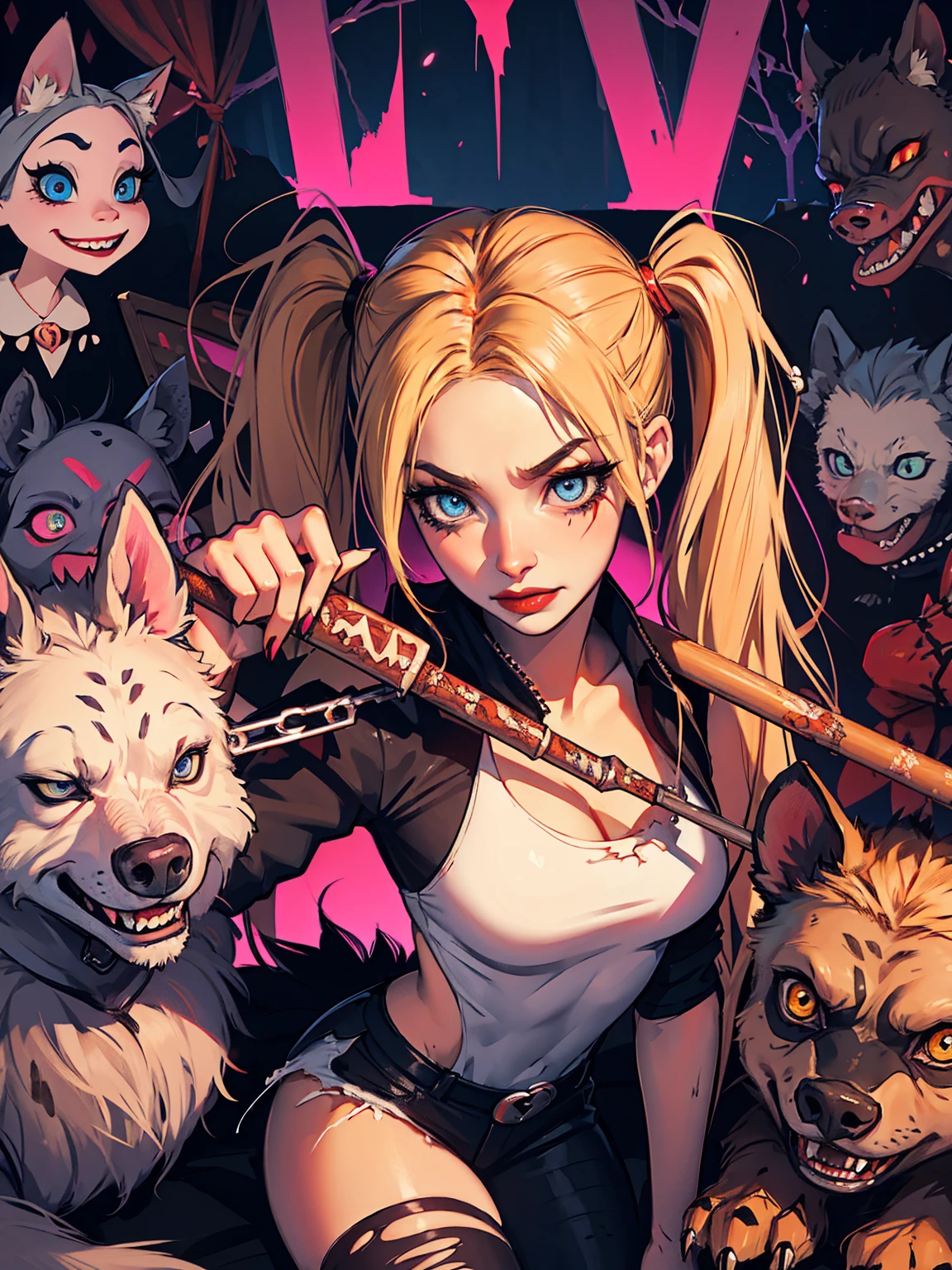 sexual Harley Quinn, slutty, werehyena, multiple hyenas, gangbang, monster, horror, blonde hair in twintails, slender body, blue eyes, mascara, torn clothes