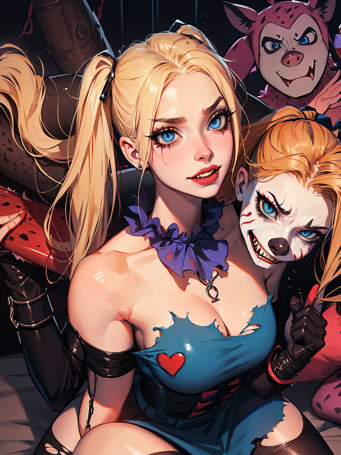 sexual Harley Quinn being transformed into a female hyena, slutty, werehyena, multiple hyenas, gangbang, monster, horror, blonde hair in twintails, slender body, blue eyes, mascara, torn clothes