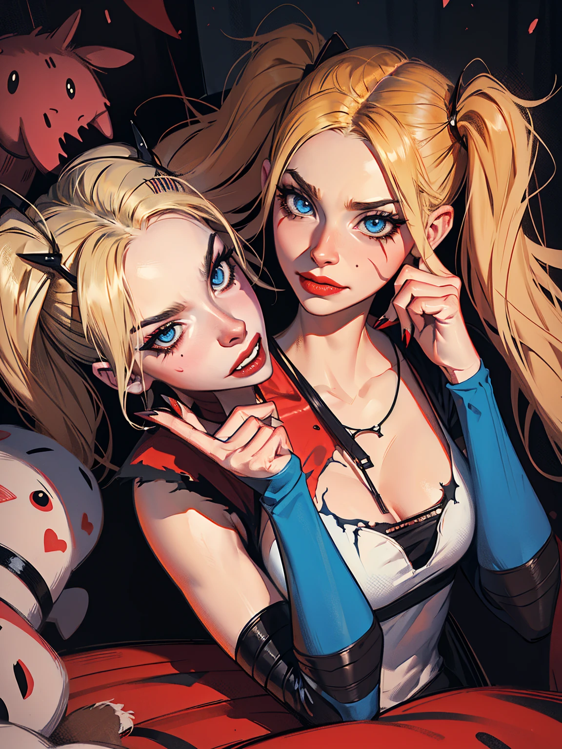 sexual Harley Quinn being transformed into a female hyena, slutty, werehyena, multiple hyenas, gangbang, monster, horror, blonde hair in twintails, slender body, blue eyes, mascara, torn clothes