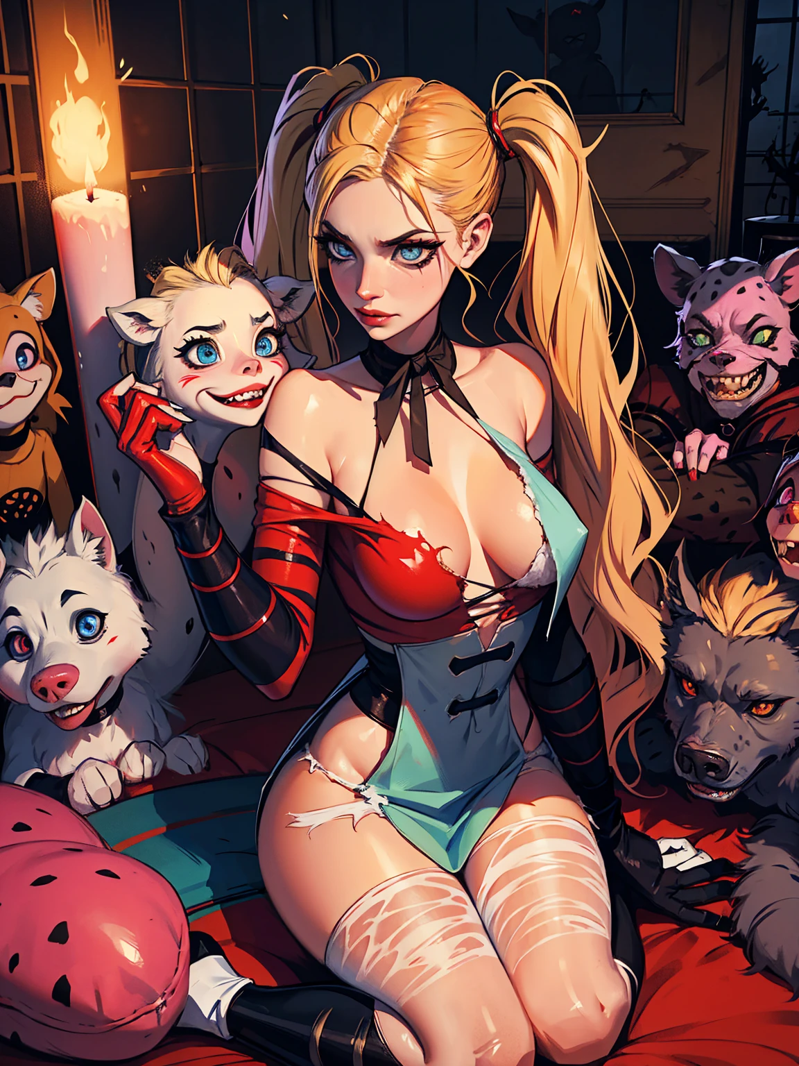 sexual Harley Quinn being transformed into a female hyena, slutty, werehyena, multiple hyenas, gangbang, monster, horror, blonde hair in twintails, slender body, blue eyes, mascara, torn clothes