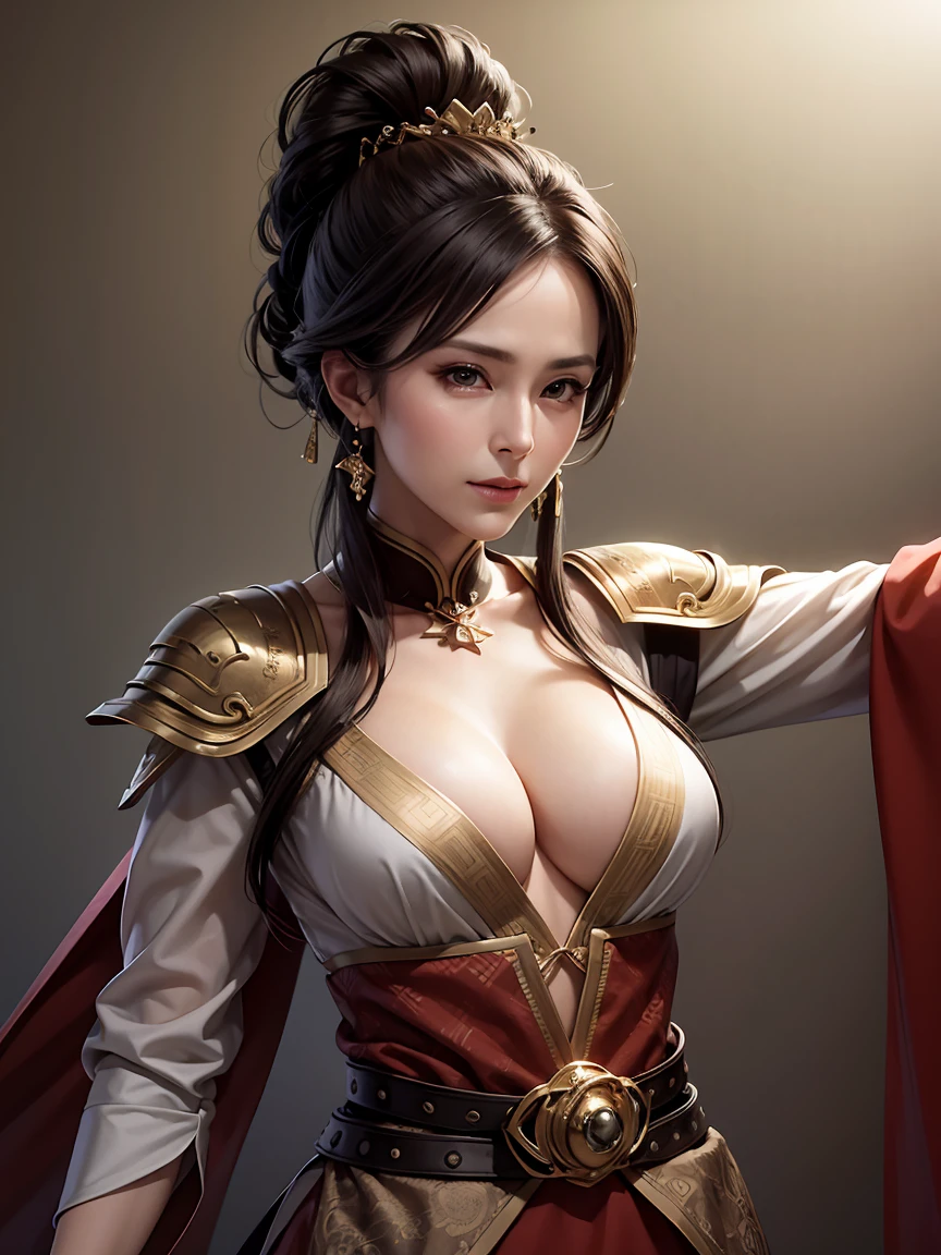 (Masterpiece :1.4, best quality ), beautiful illustrations , (natural side lighting, movie lighting), Looking at the Audienc,cowboy shot,Five fingers correctly,Highly accurate human body, close-up of a woman wearing red armor and a red cloak, 1 person, high ponytail with ribbon,Cleavage , Thin Waist High Definition Face and Skin Textures, staring at the camera , fine grain, double eyelids , Whitening,  top quality ,  super high resolution,simple background, Chinese Warrior ,Martial Arts, simple background,  very detailed,Beautiful female warrior