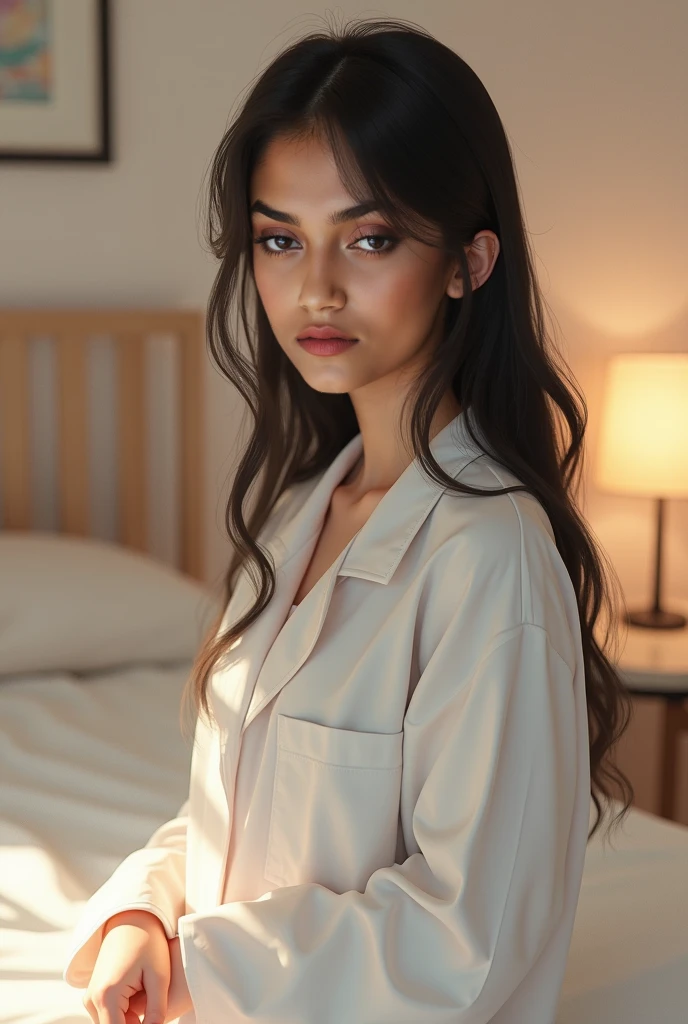 masterpiece, Best Quality, Photorealistic, Ultra-detailed, hight resolution, 8k Wallpapers, 1 beautiful woman, face of actress pooja hegde, natural window lighting, Professional lab coat and black pants, corpo inteiro, In a beauty salon with shades of pink, Realistic image, 8k, without glasses, light brown messy hair, Perfect dynamic composition, Beautiful detailed eyes