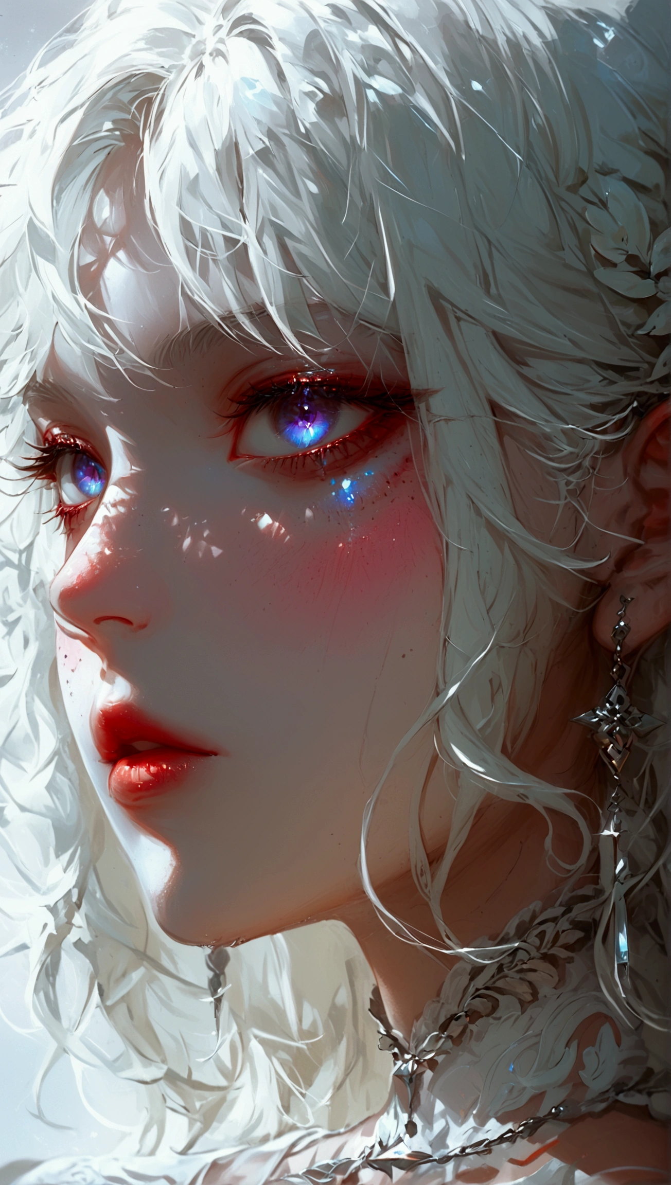 a close up of a woman with white hair and a necklace, guweiz,  artwork in the style of Guweiz , read the wlop, pale  white porcelain skin , Chica con el cabello blanco,  stunning anime face portrait ,  white porcelain skin , Guweiz&#39;s masterpiece,   white skin and reflective eyes  , cara blanca brillante,  Beautiful character painting , pale white face